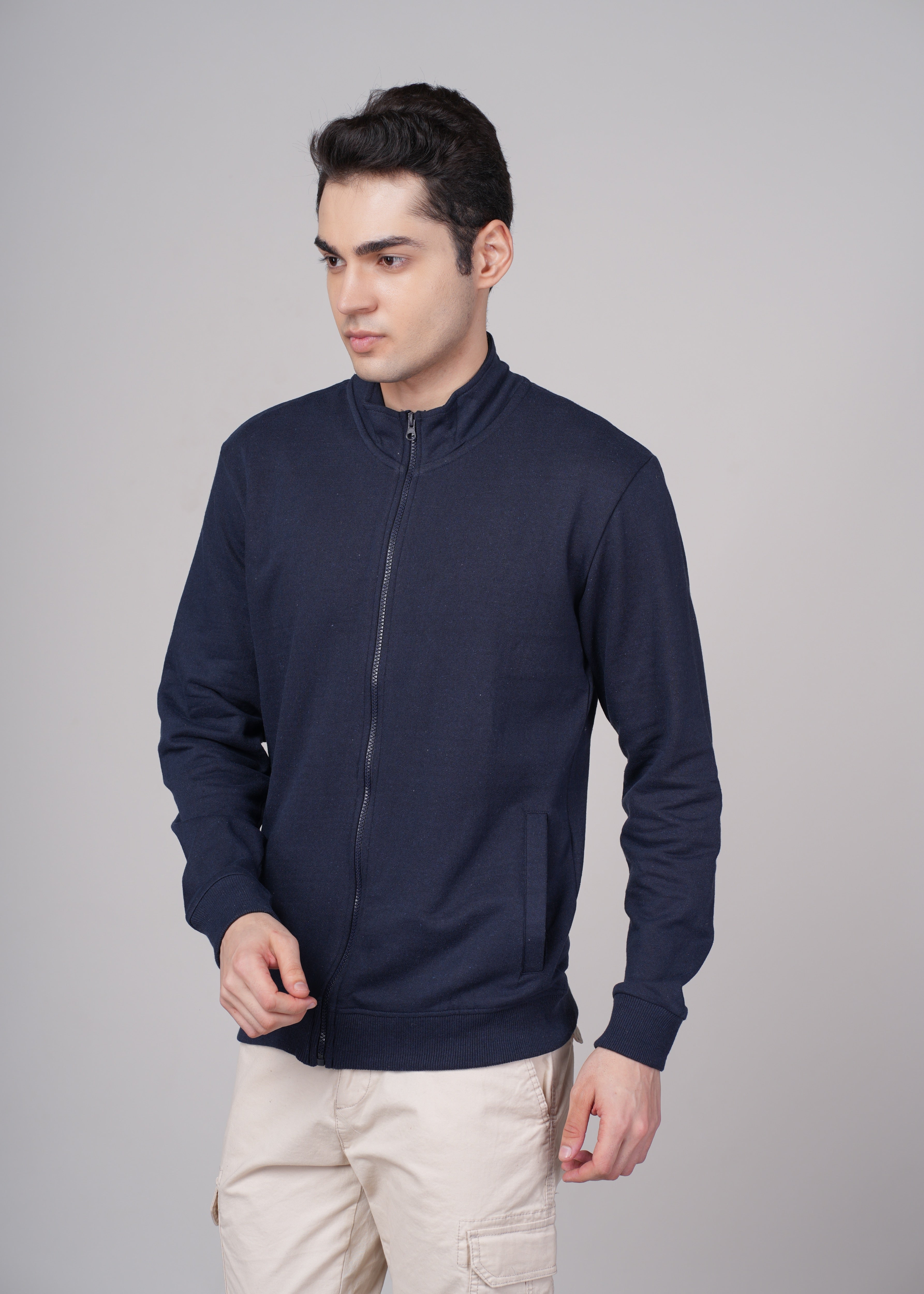 Men Navy Blue Cotton Regular Jacket