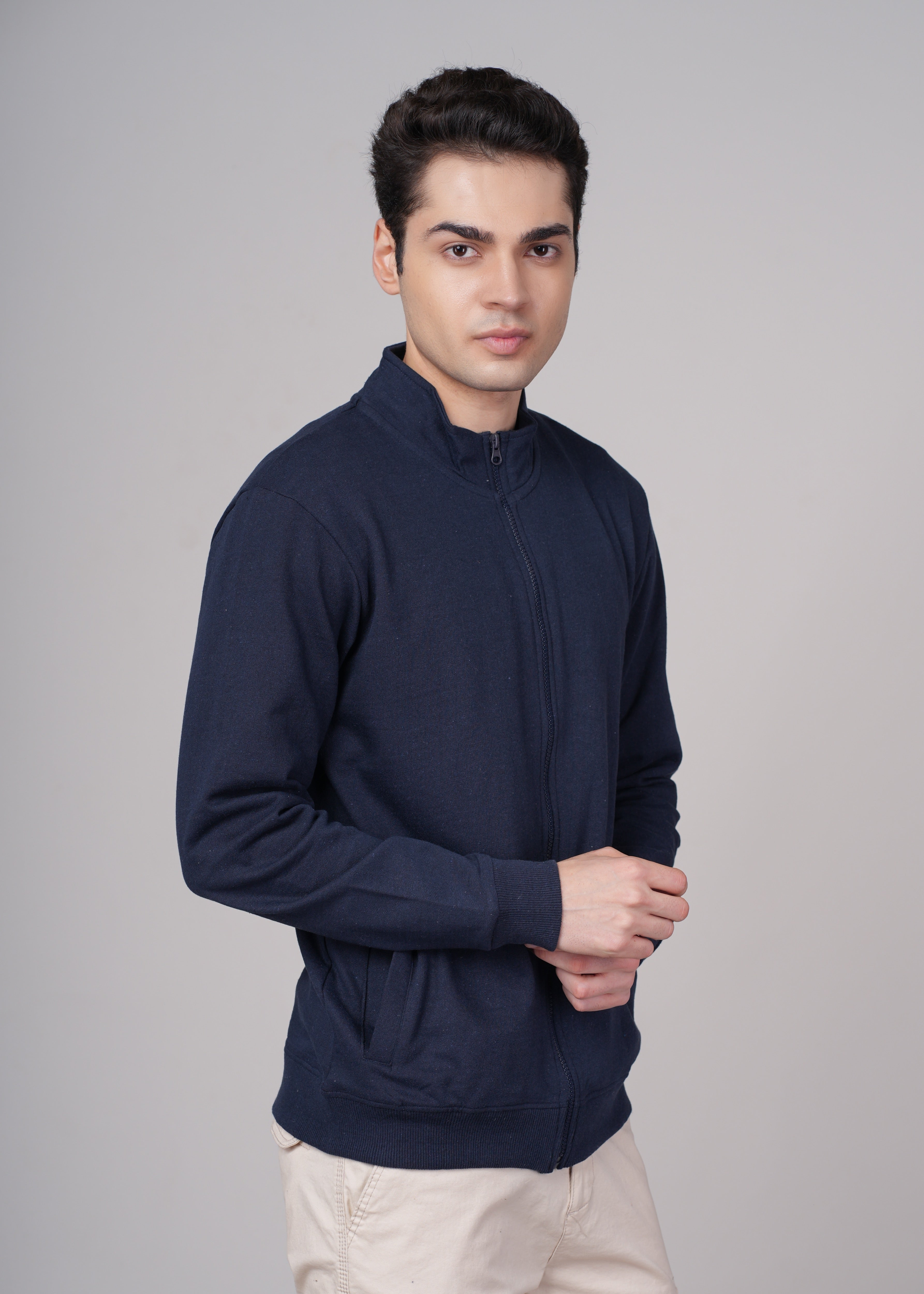 Men Navy Blue Cotton Regular Jacket