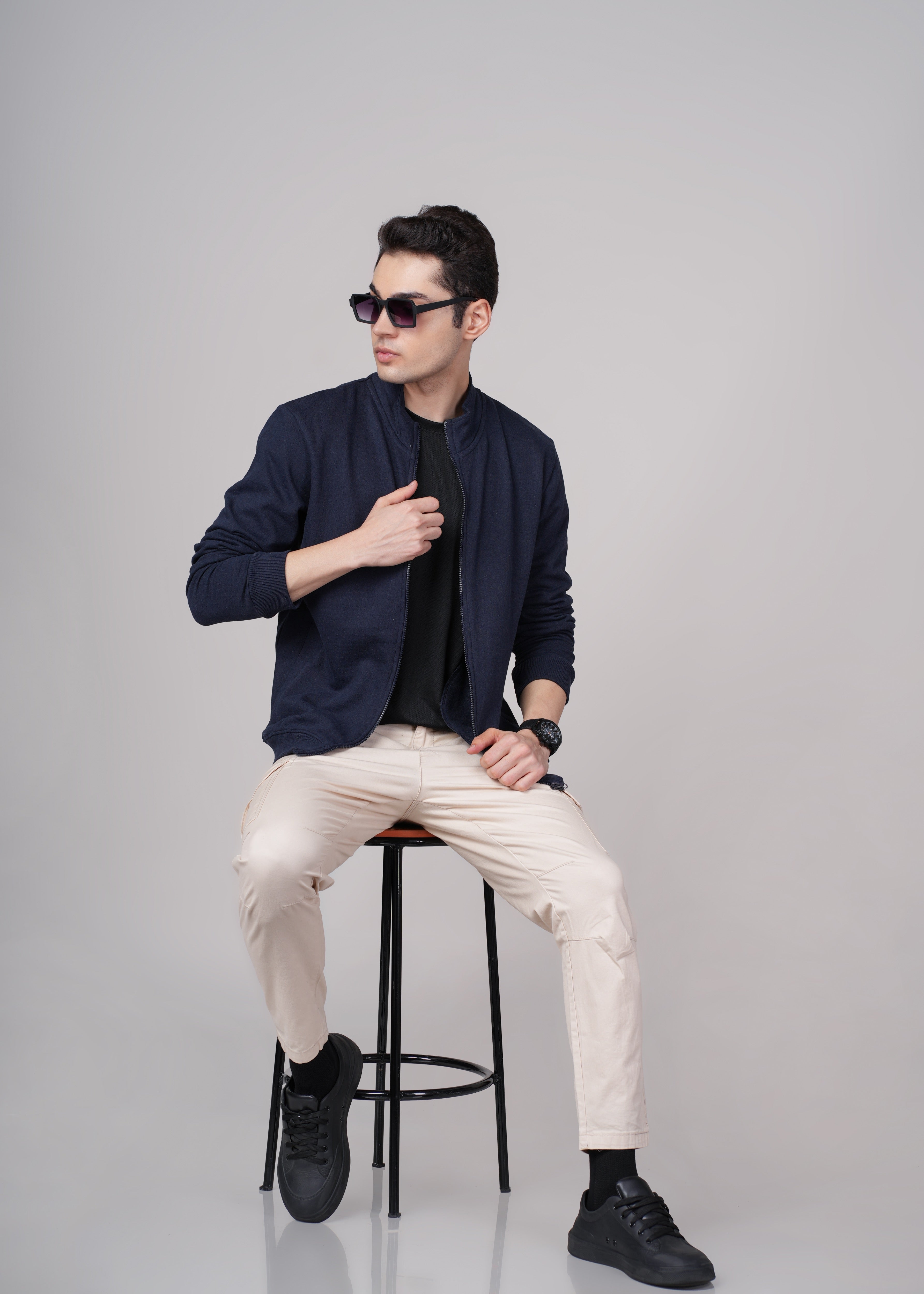 Men Navy Blue Cotton Regular Jacket