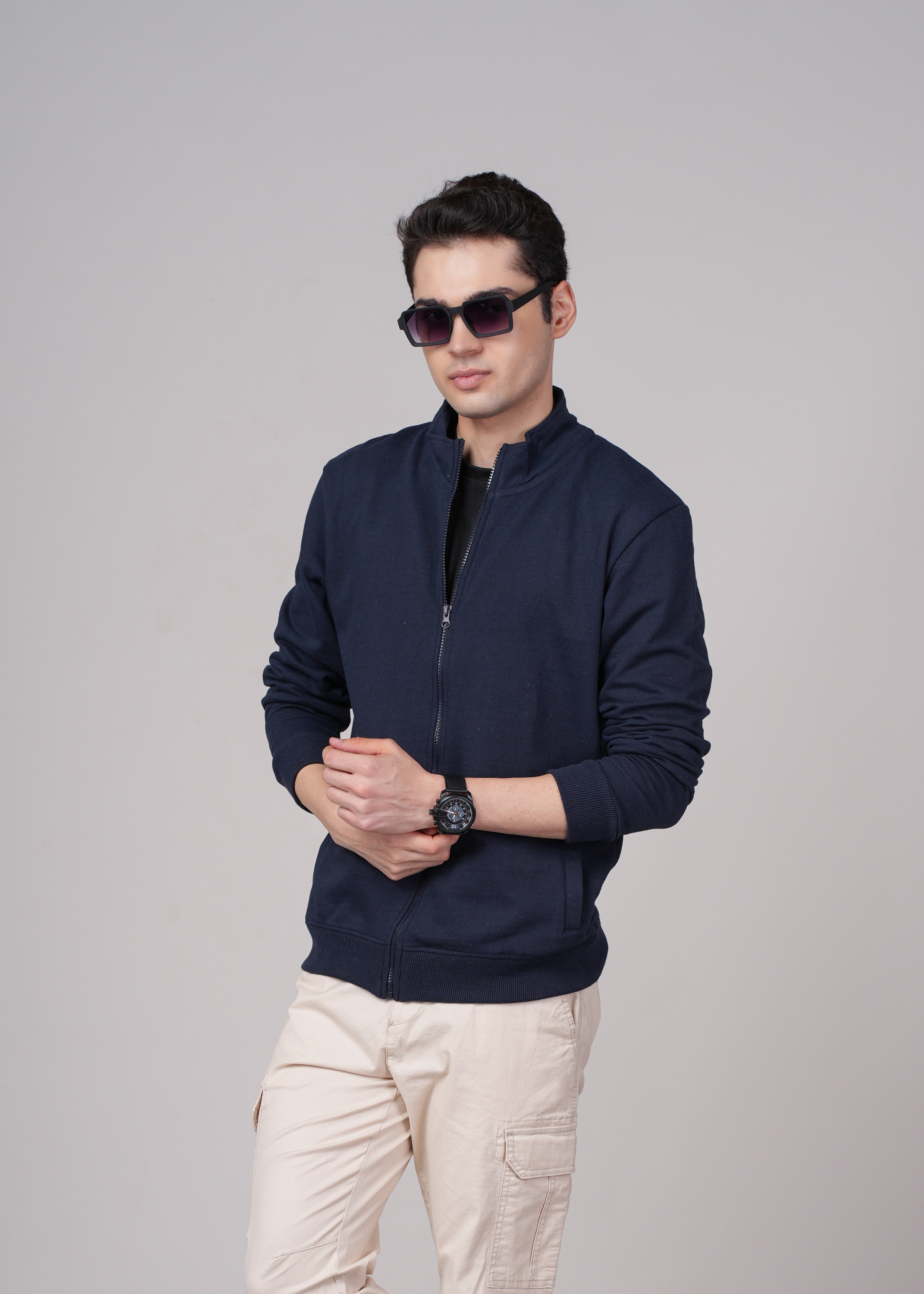 Men Navy Blue Cotton Regular Jacket