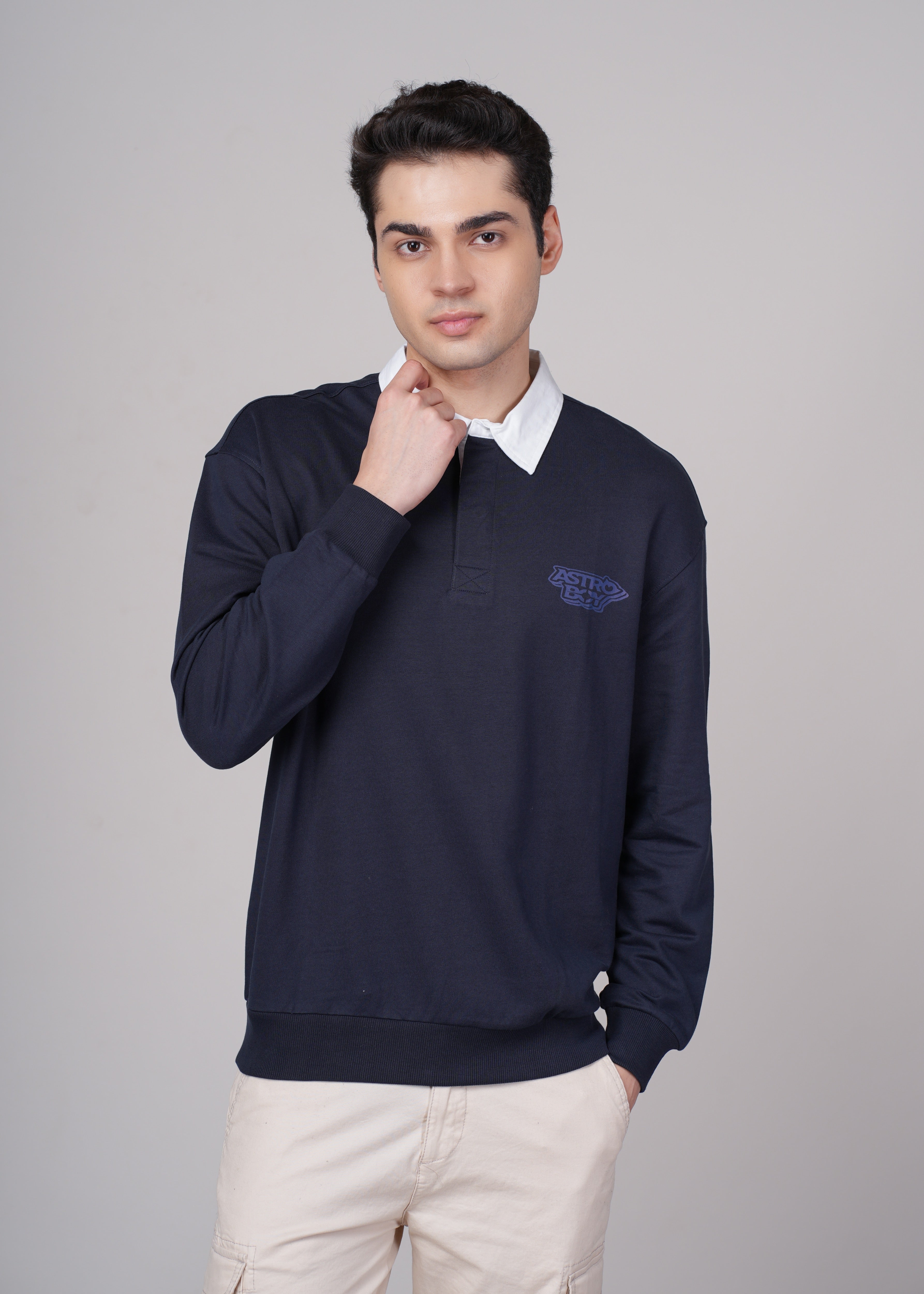 Men Navy Blue Cotton Regular Sweatshirt