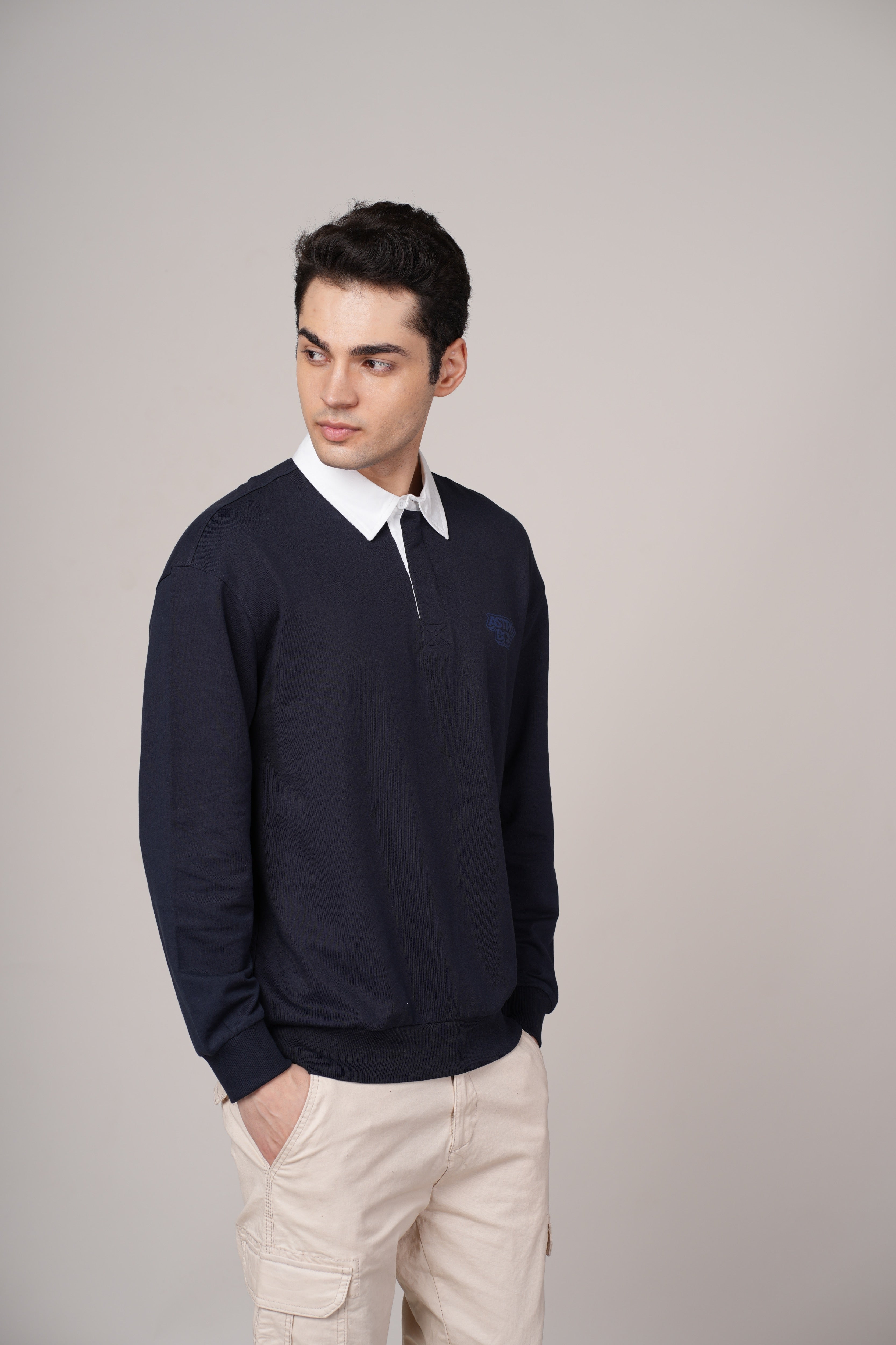 Men Navy Blue Cotton Regular Sweatshirt