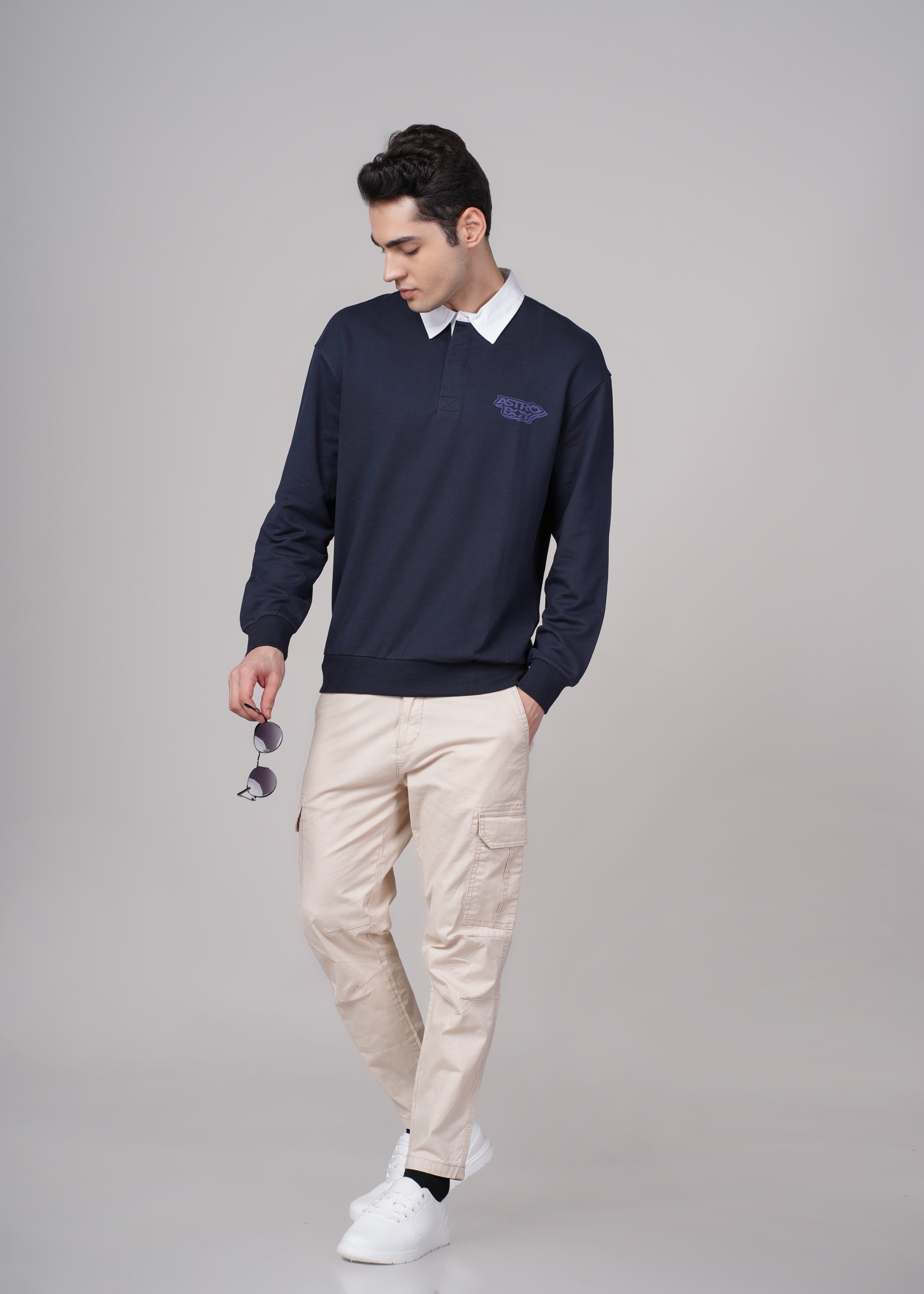 Men Navy Blue Cotton Regular Sweatshirt
