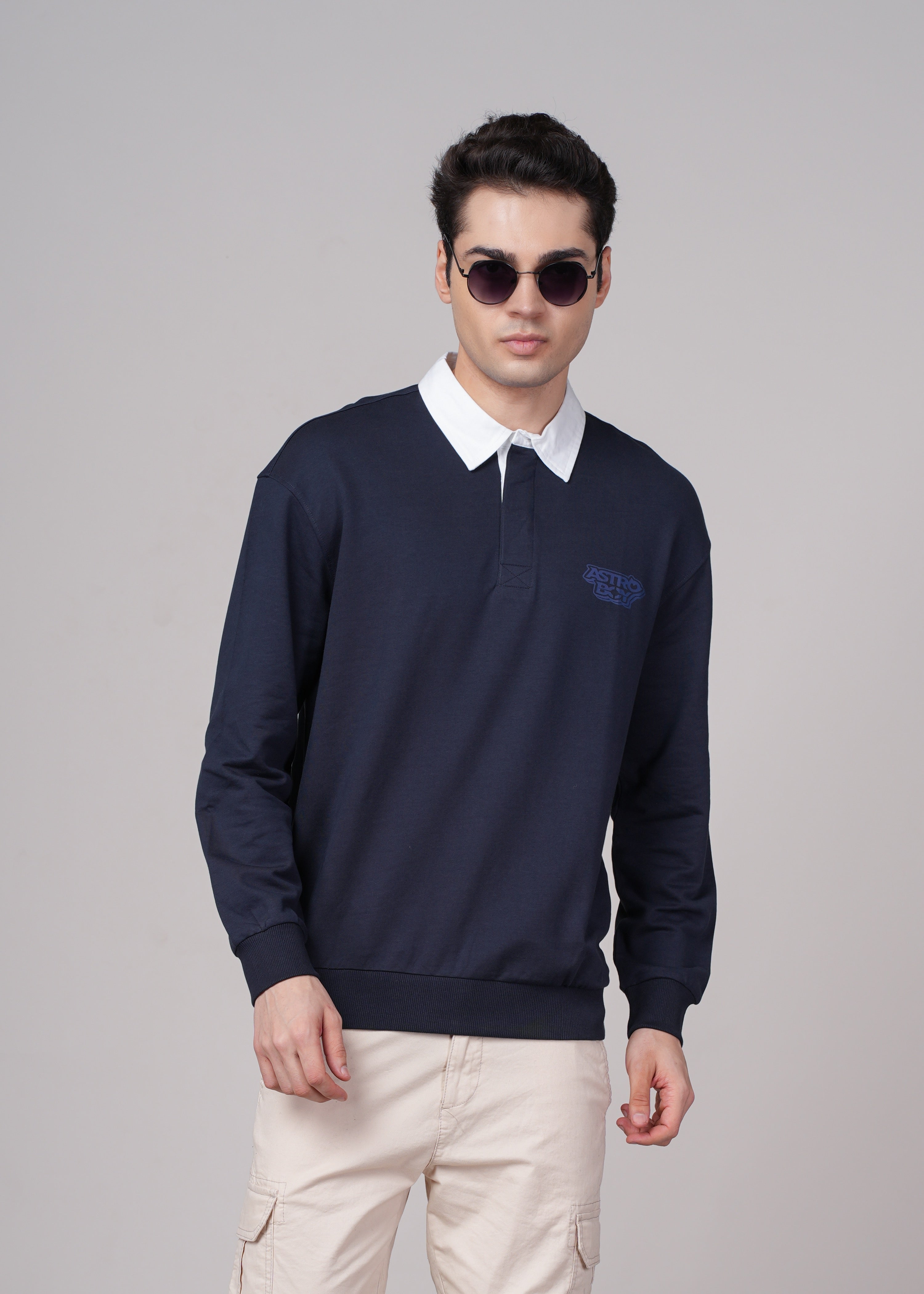 Men Navy Blue Cotton Regular Sweatshirt