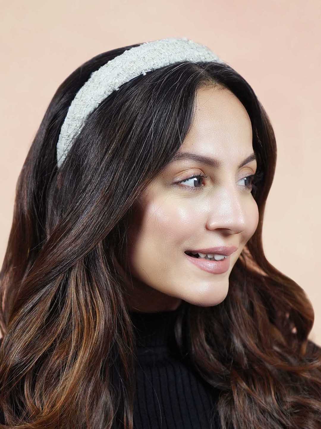 Women White Tweed Puff Hair Band