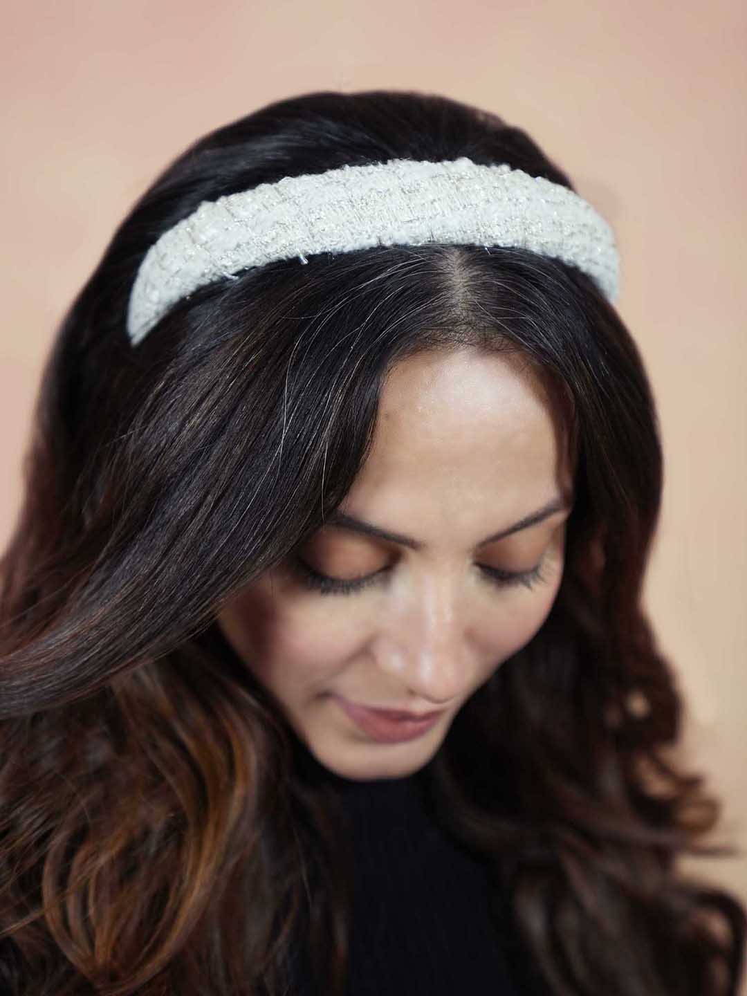 Women White Tweed Puff Hair Band