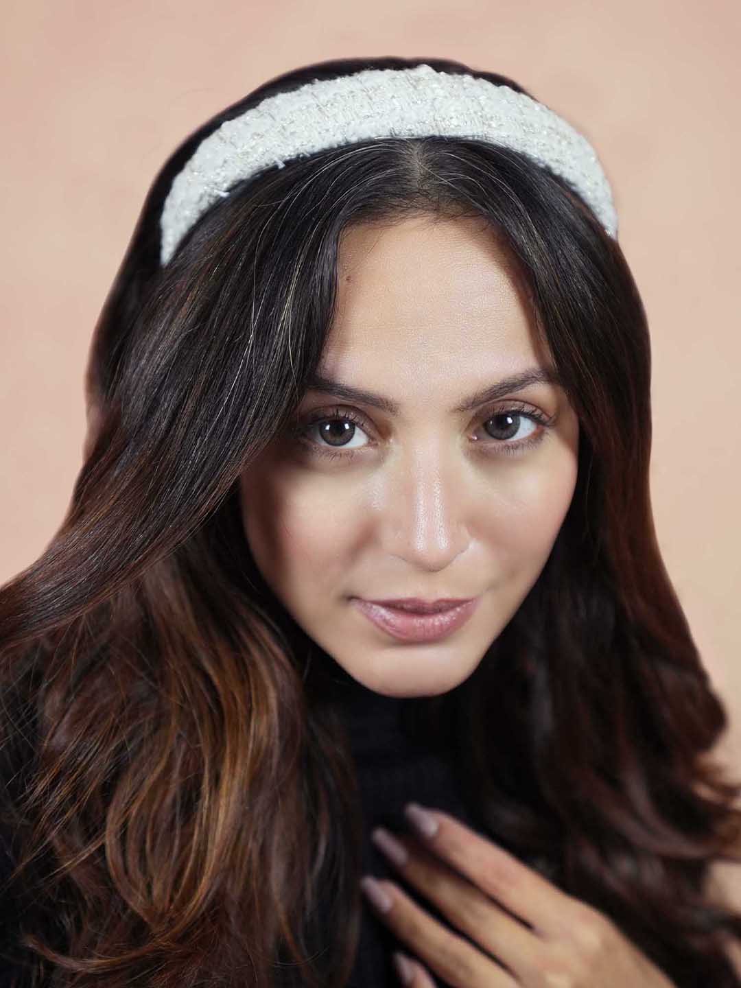 Women White Tweed Puff Hair Band