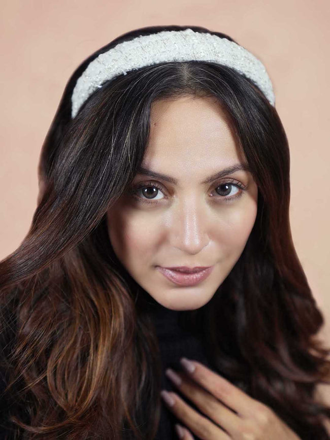 Women White Tweed Puff Hair Band