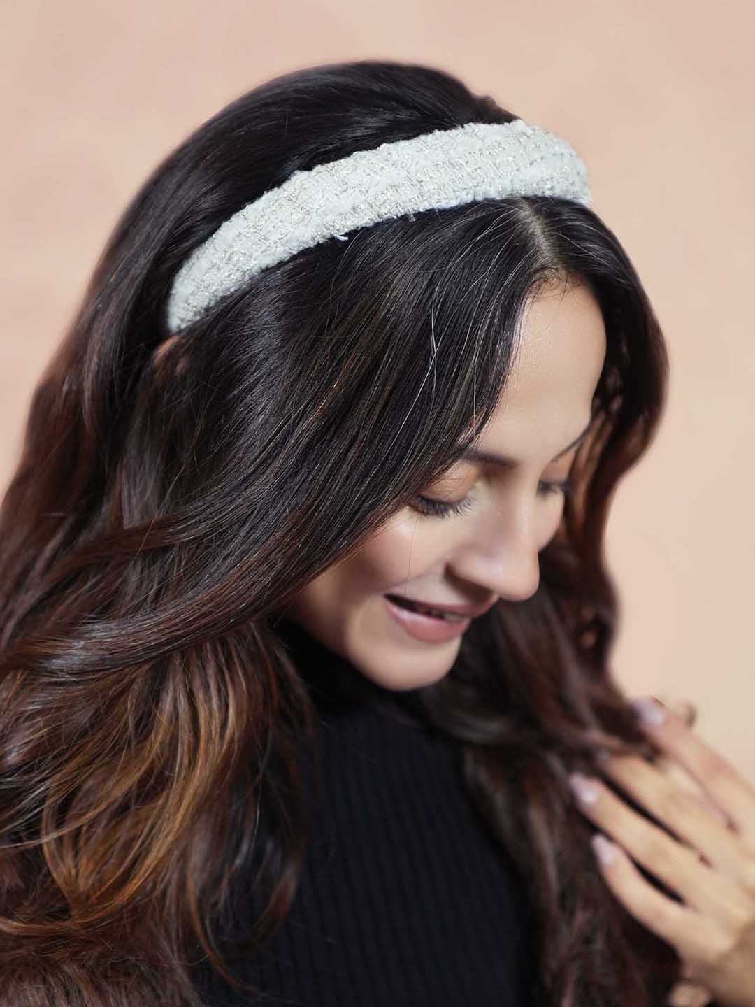 Women White Tweed Puff Hair Band