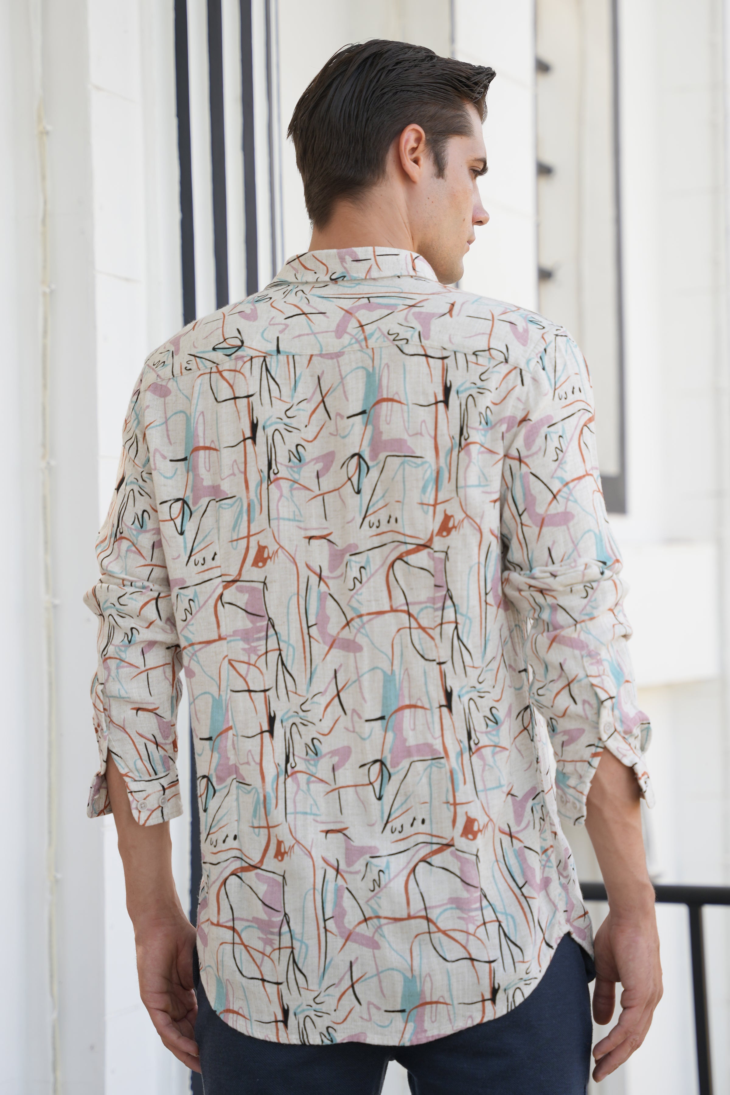 Men Rachel Viscose Linen Printed Shirt Pink