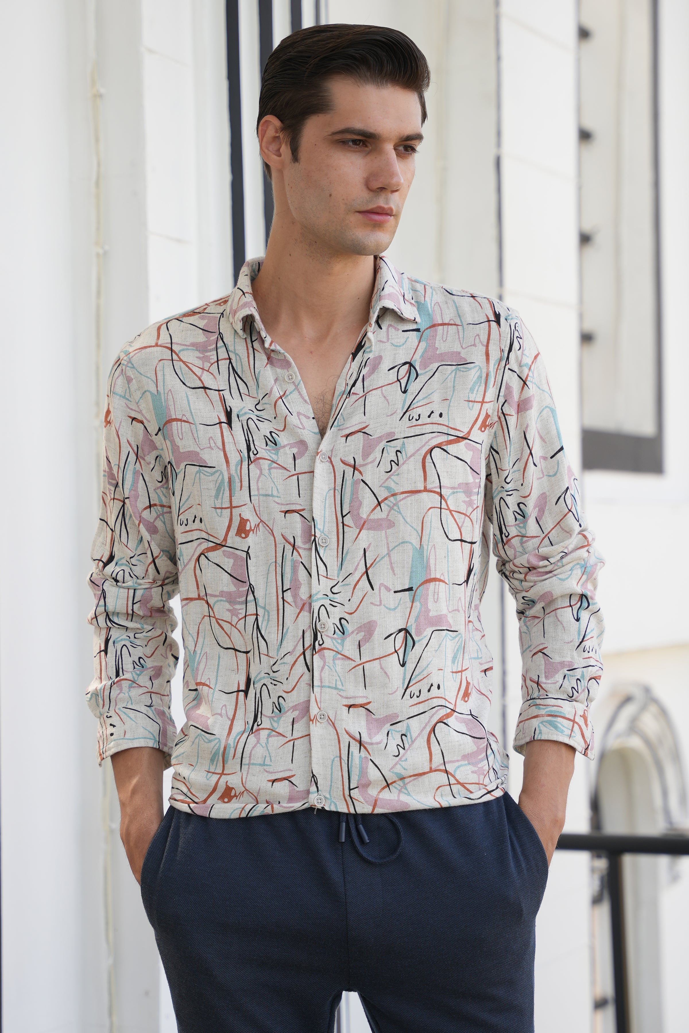 Men Rachel Viscose Linen Printed Shirt Pink