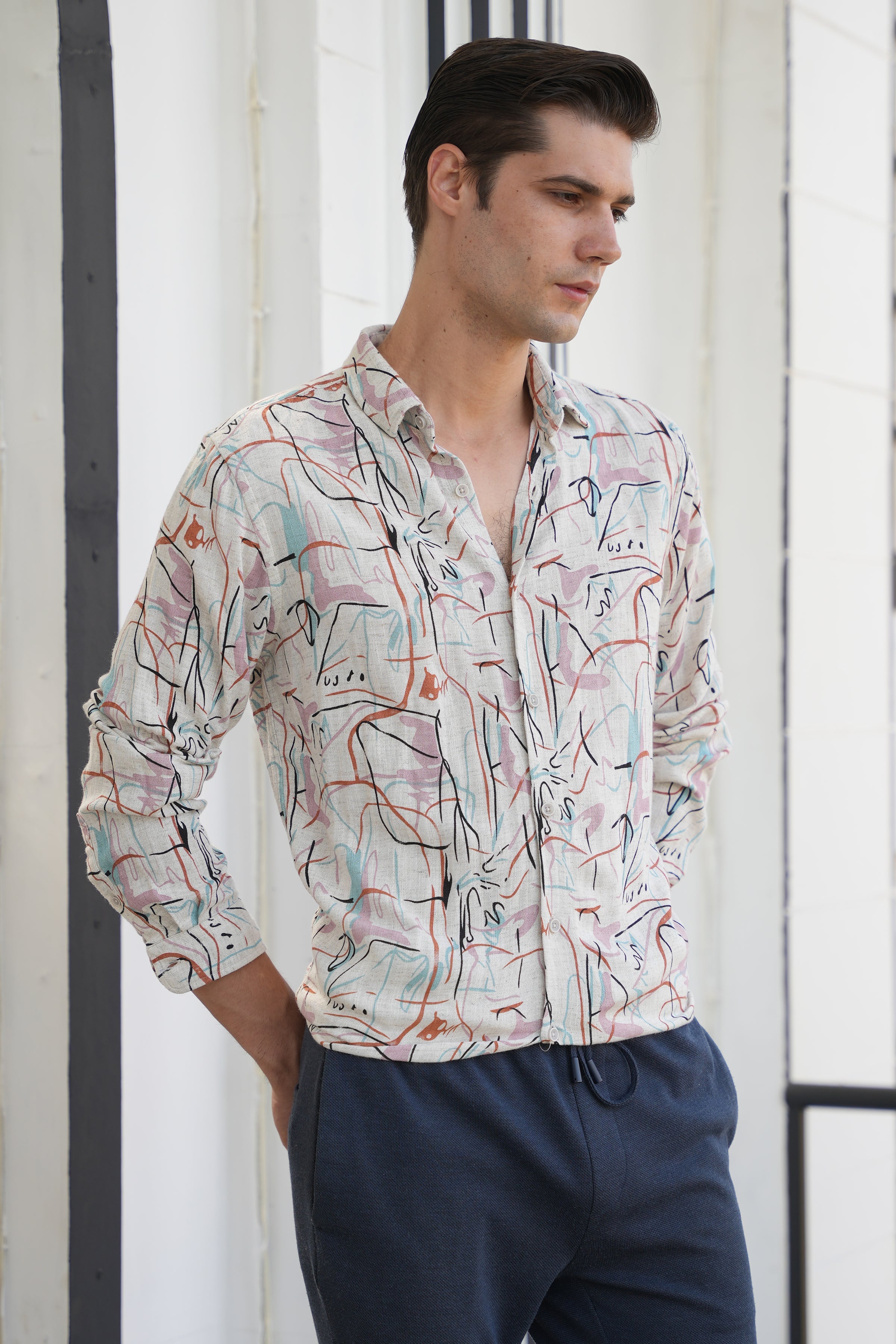 Men Rachel Viscose Linen Printed Shirt Pink