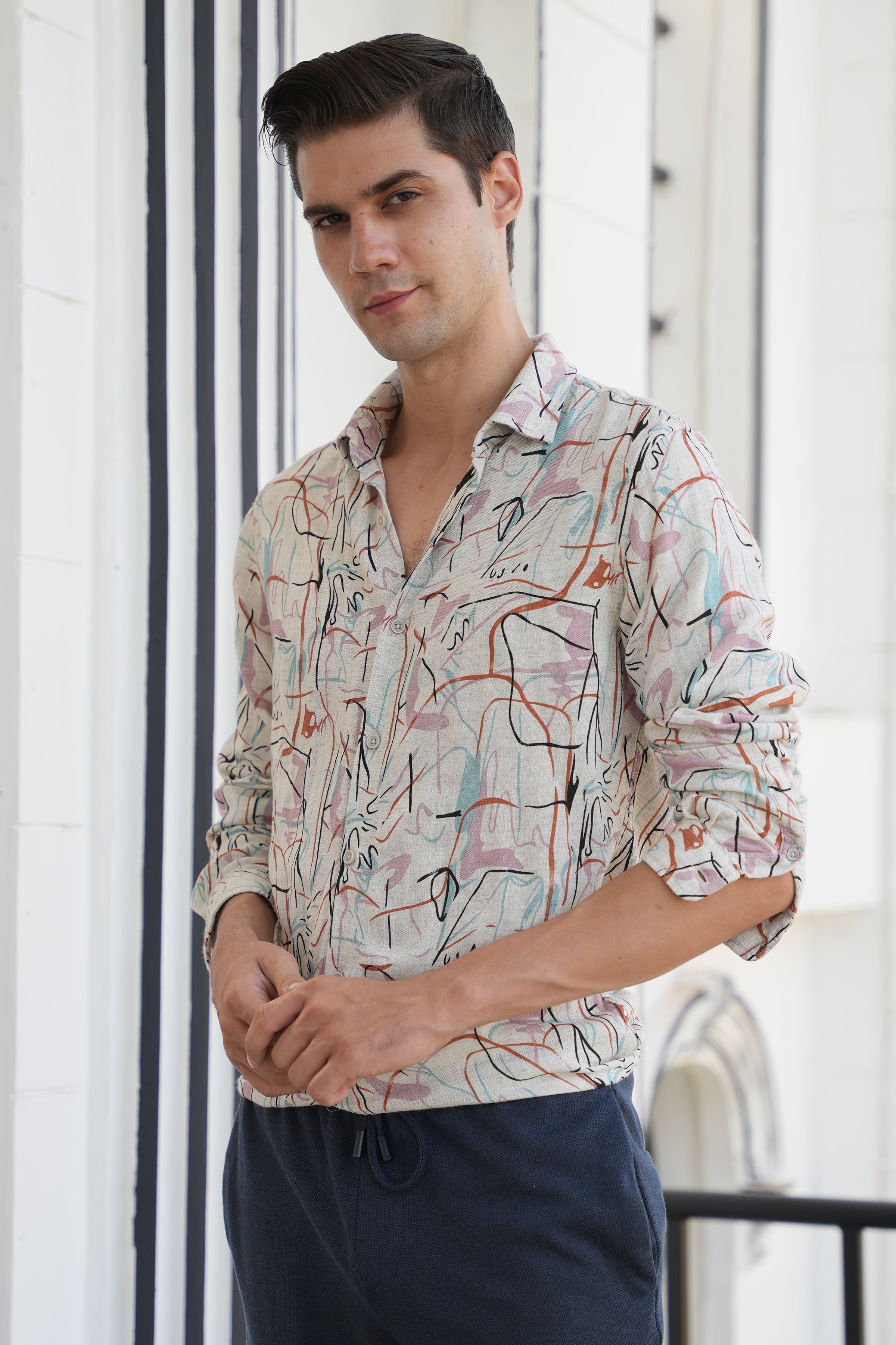 Men Rachel Viscose Linen Printed Shirt Pink