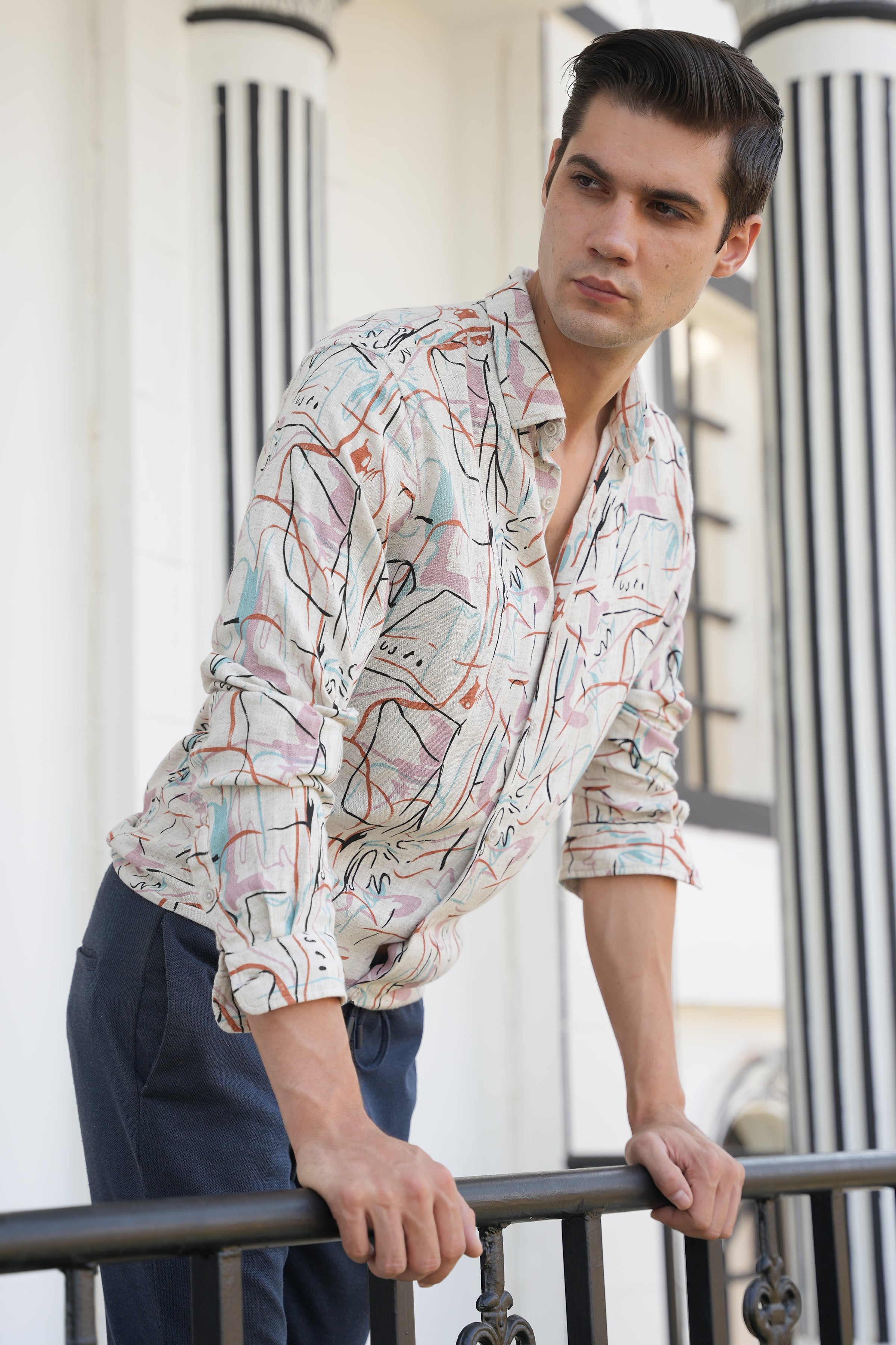 Men Rachel Viscose Linen Printed Shirt Pink
