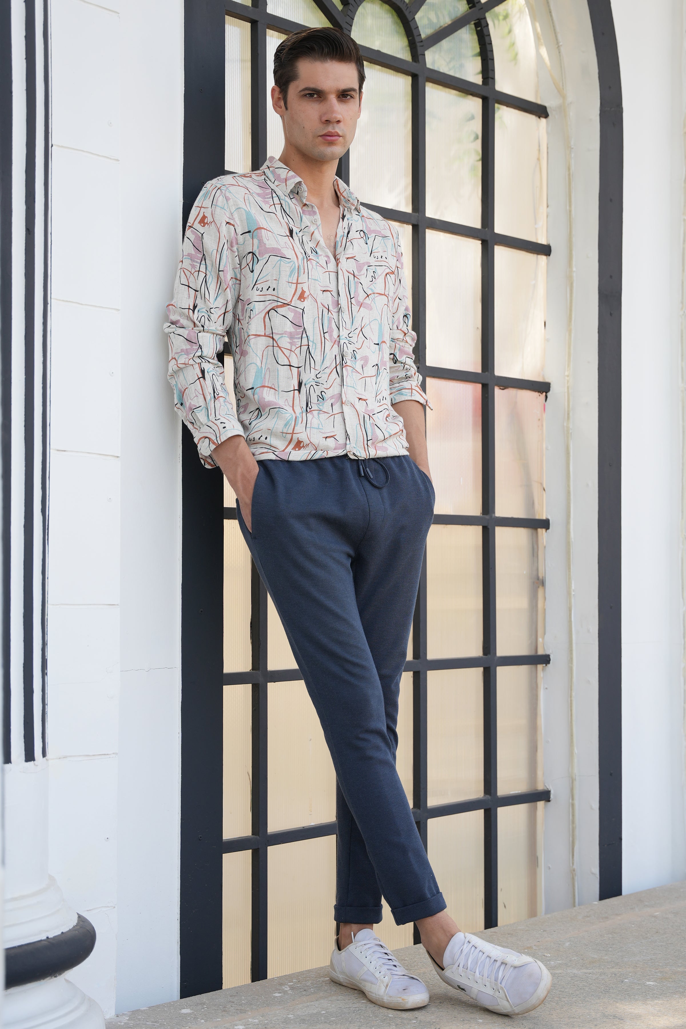 Men Rachel Viscose Linen Printed Shirt Pink