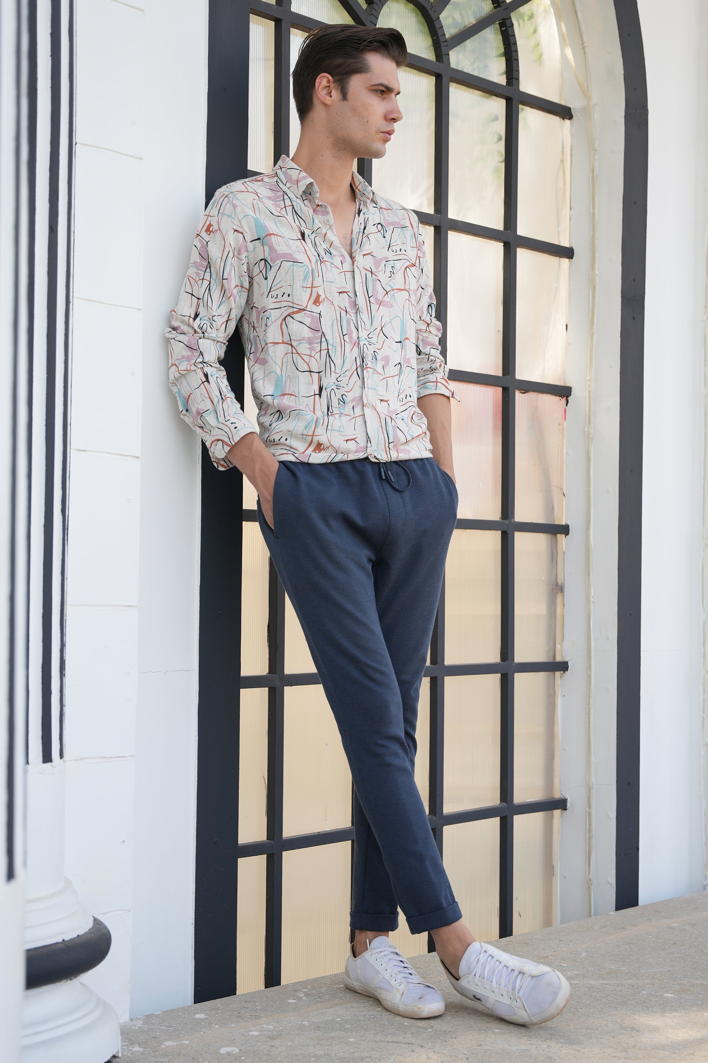 Men Rachel Viscose Linen Printed Shirt Pink
