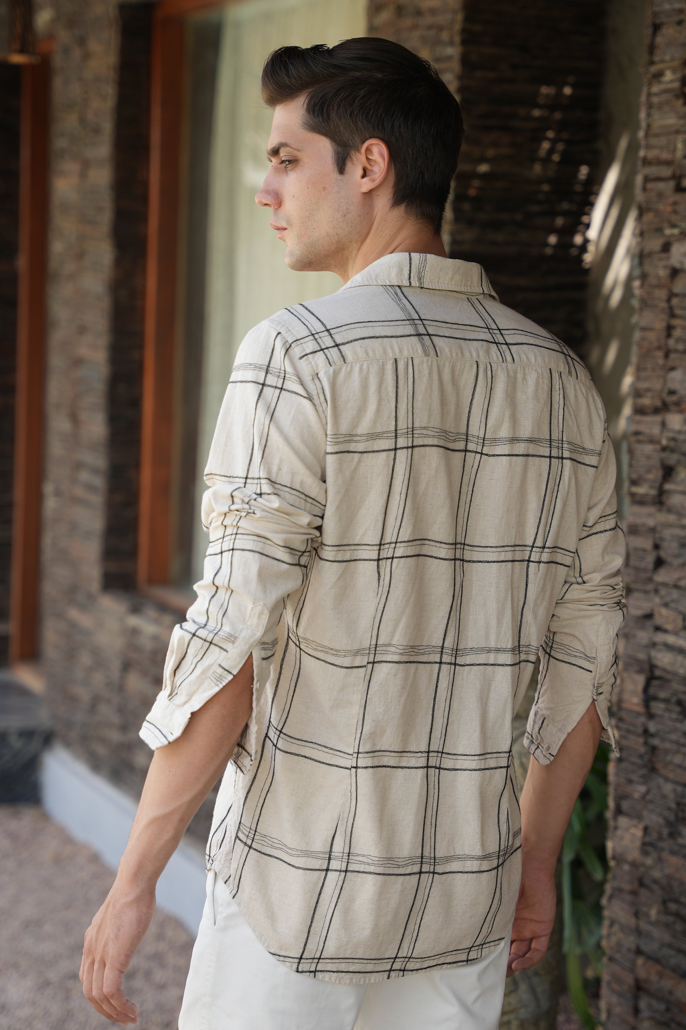Men Linen Embroidered Check Shirt