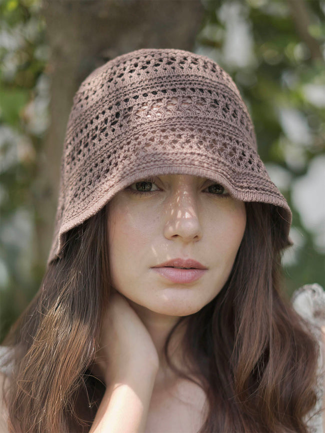 Brown Hollow Knitted Crochet Sun Bucket Hat