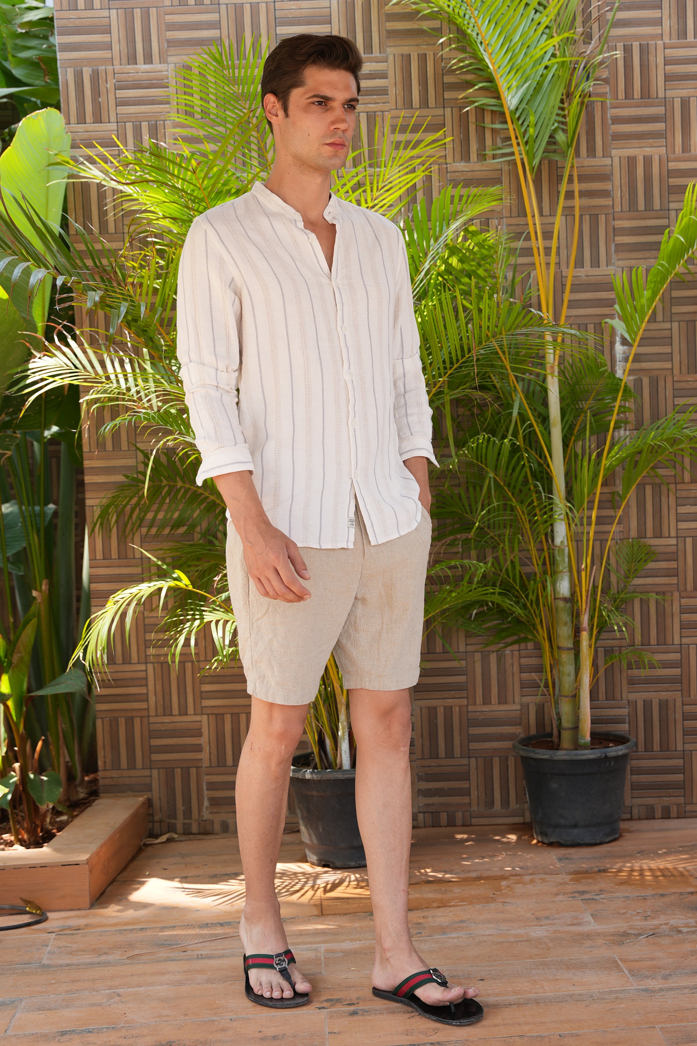 Men Panama Cream Cotton Viscose Striped Shirt