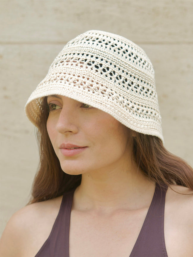 White Hollow Knitted Crochet Sun Bucket Hat