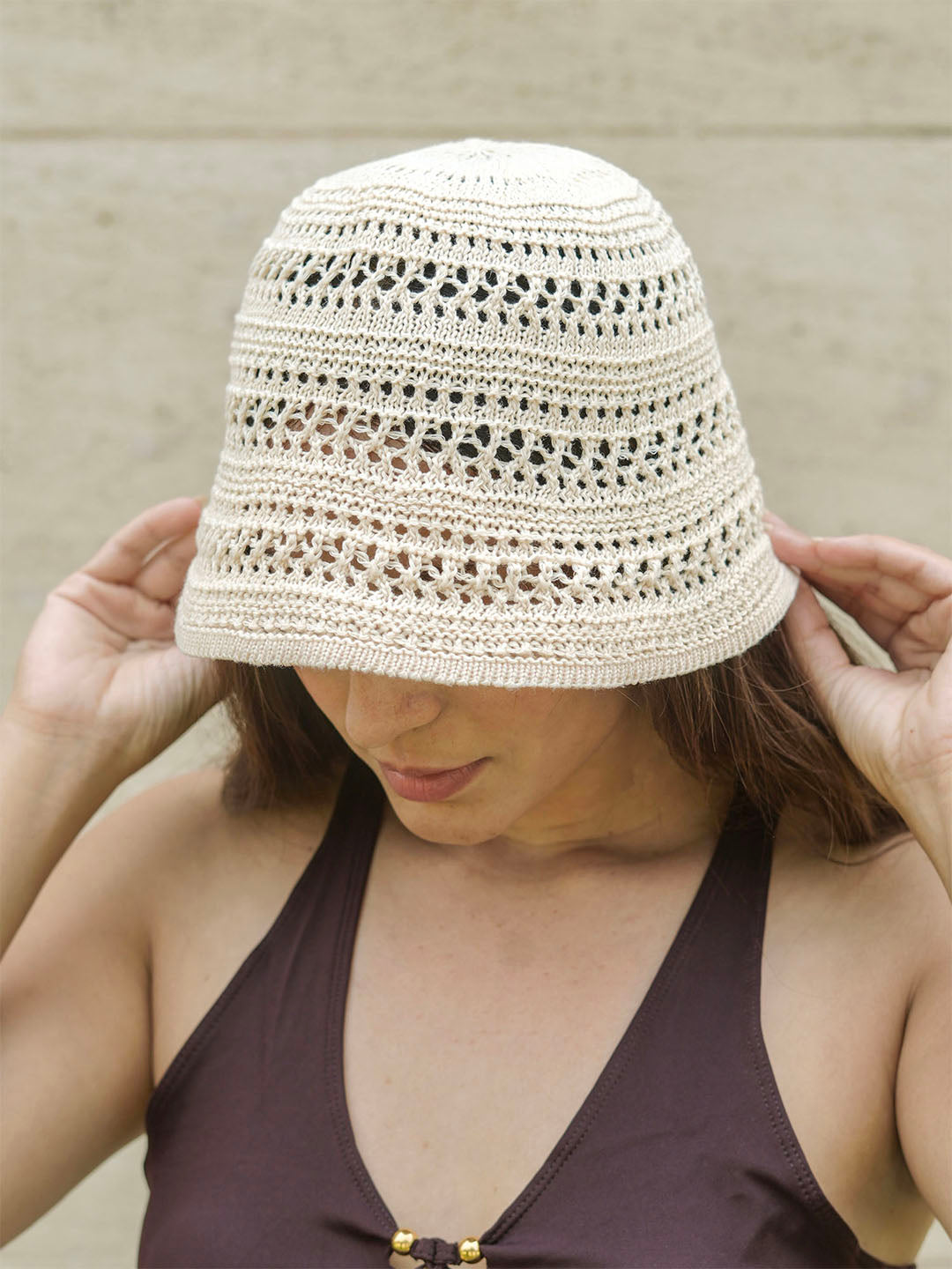White Hollow Knitted Crochet Sun Bucket Hat