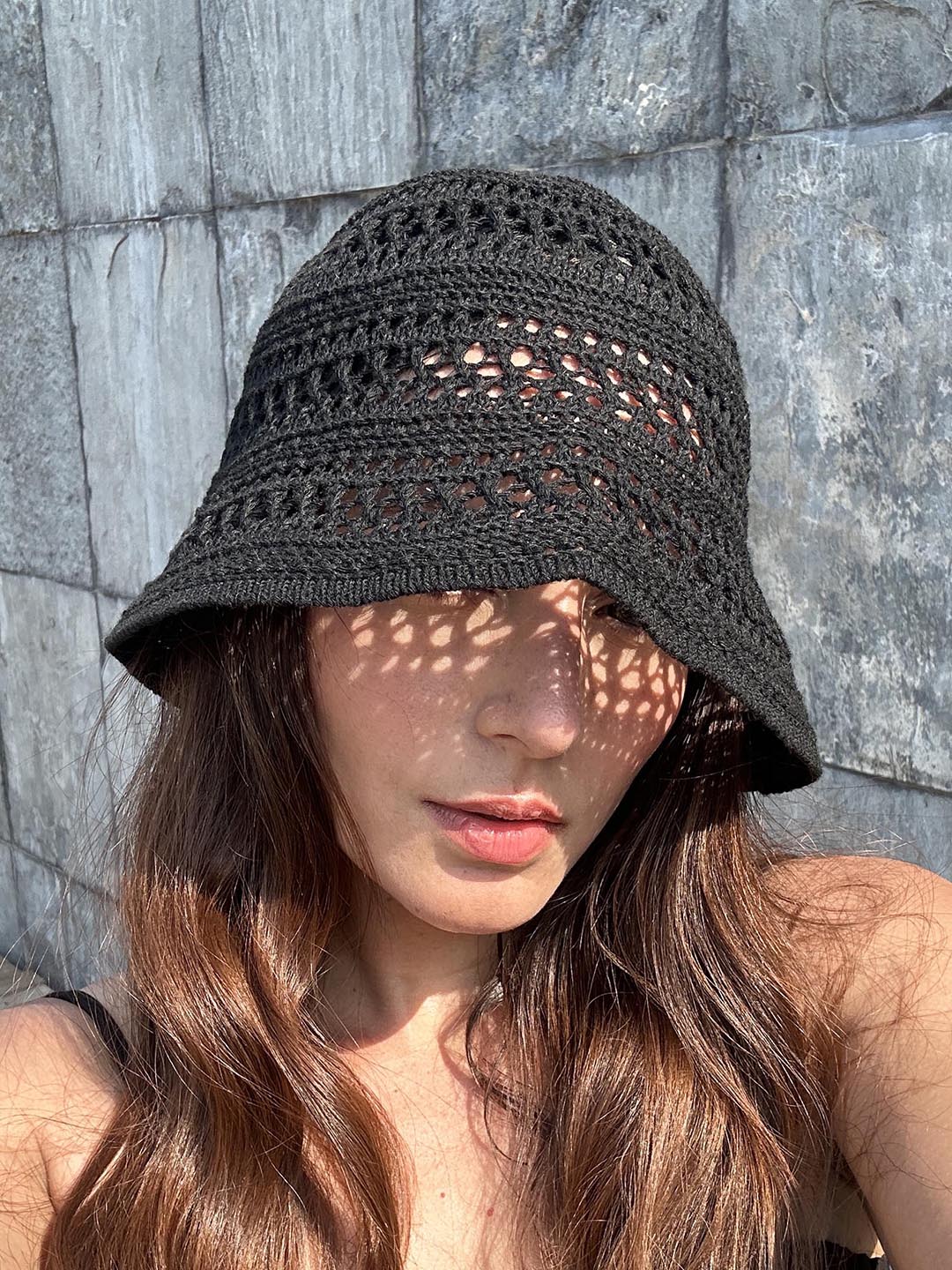 Black Knitted Crochet Sun Bucket Hat