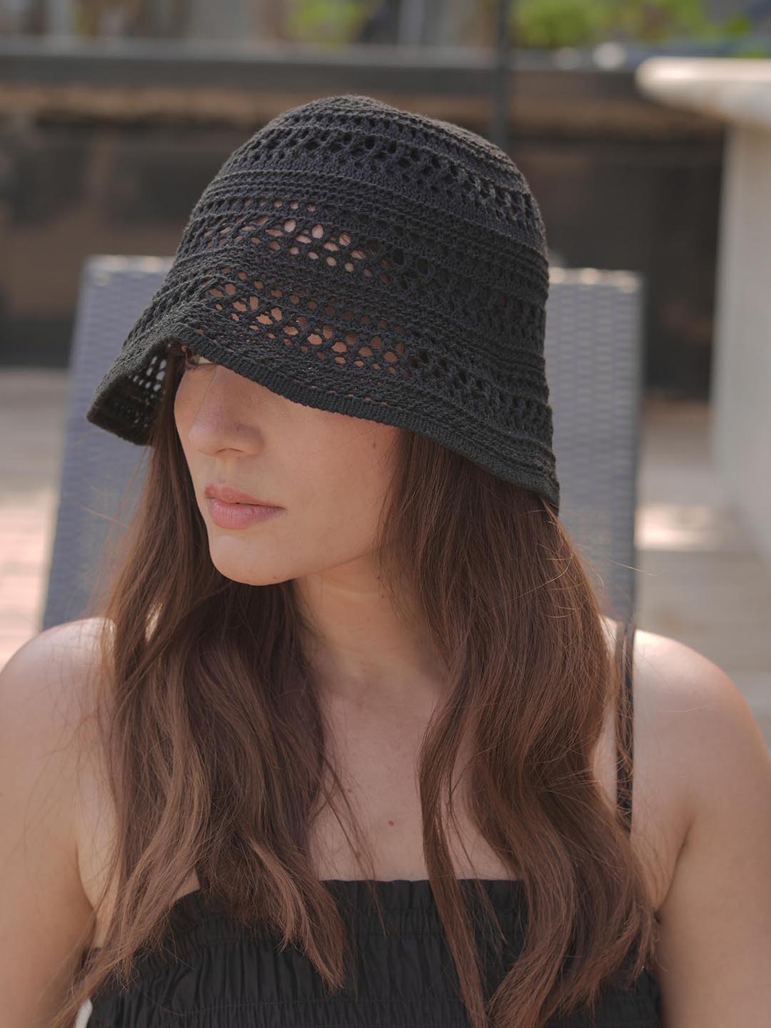 Black Knitted Crochet Sun Bucket Hat