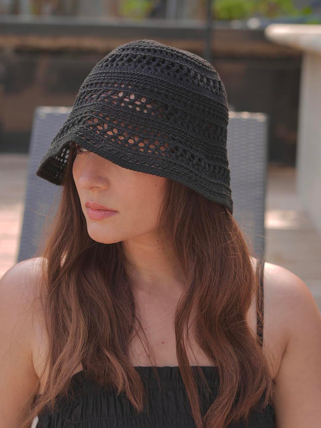 Black Knitted Crochet Sun Bucket Hat