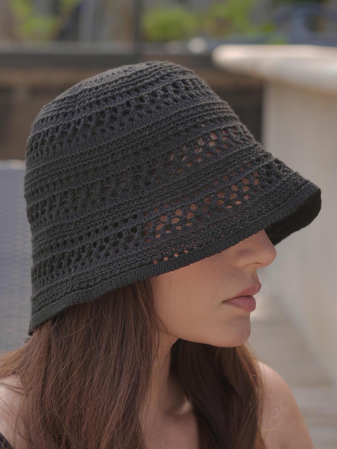 Black Knitted Crochet Sun Bucket Hat