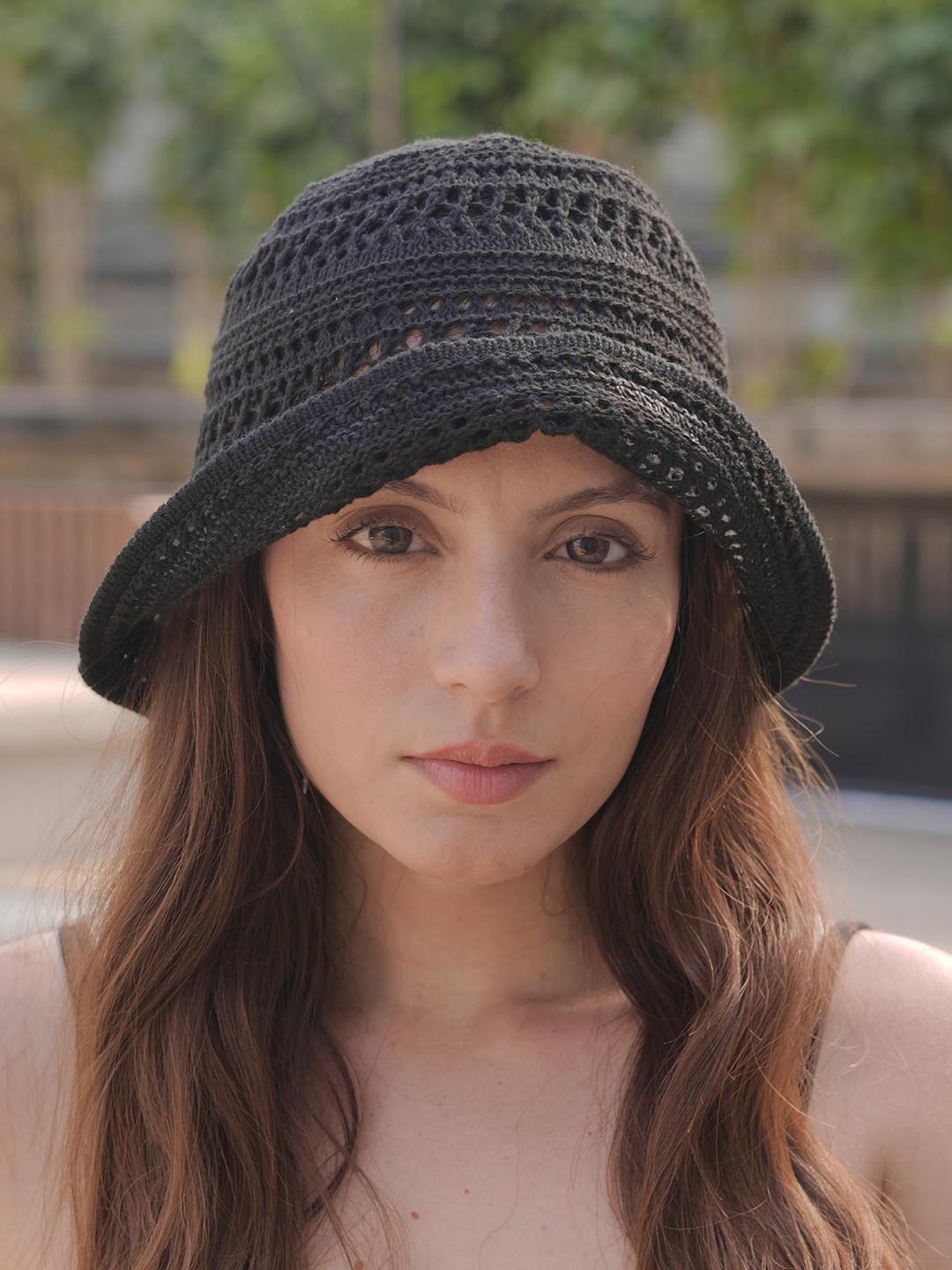 Black Knitted Crochet Sun Bucket Hat