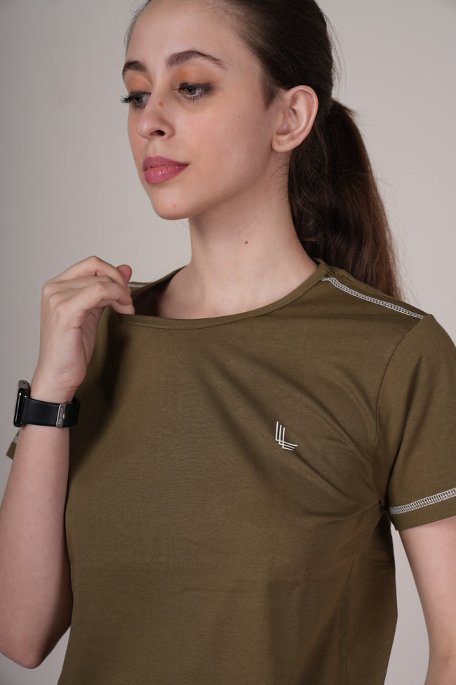 Womens Olive Cotton Regular T-Shirt