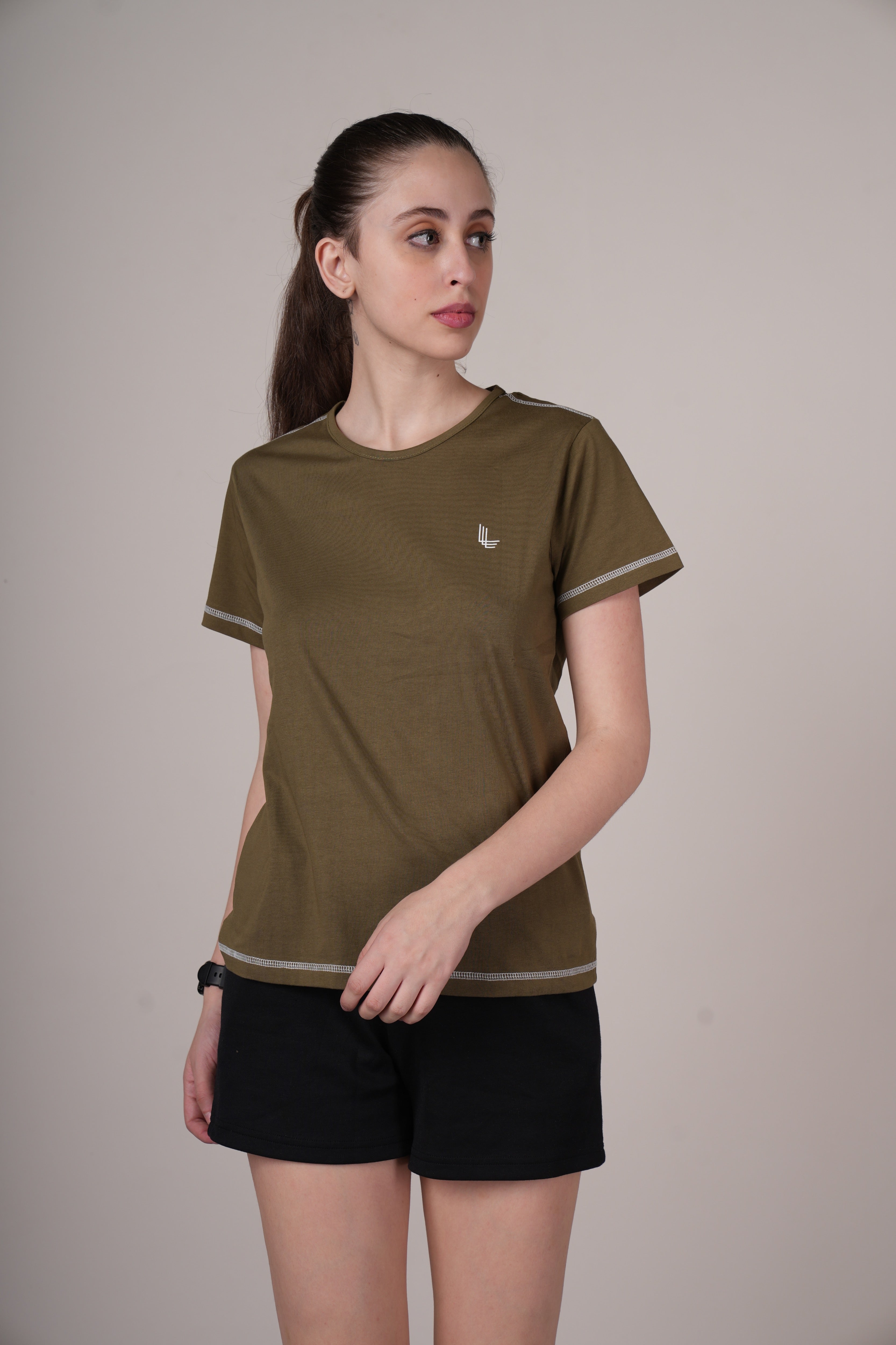 Womens Olive Cotton Regular T-Shirt