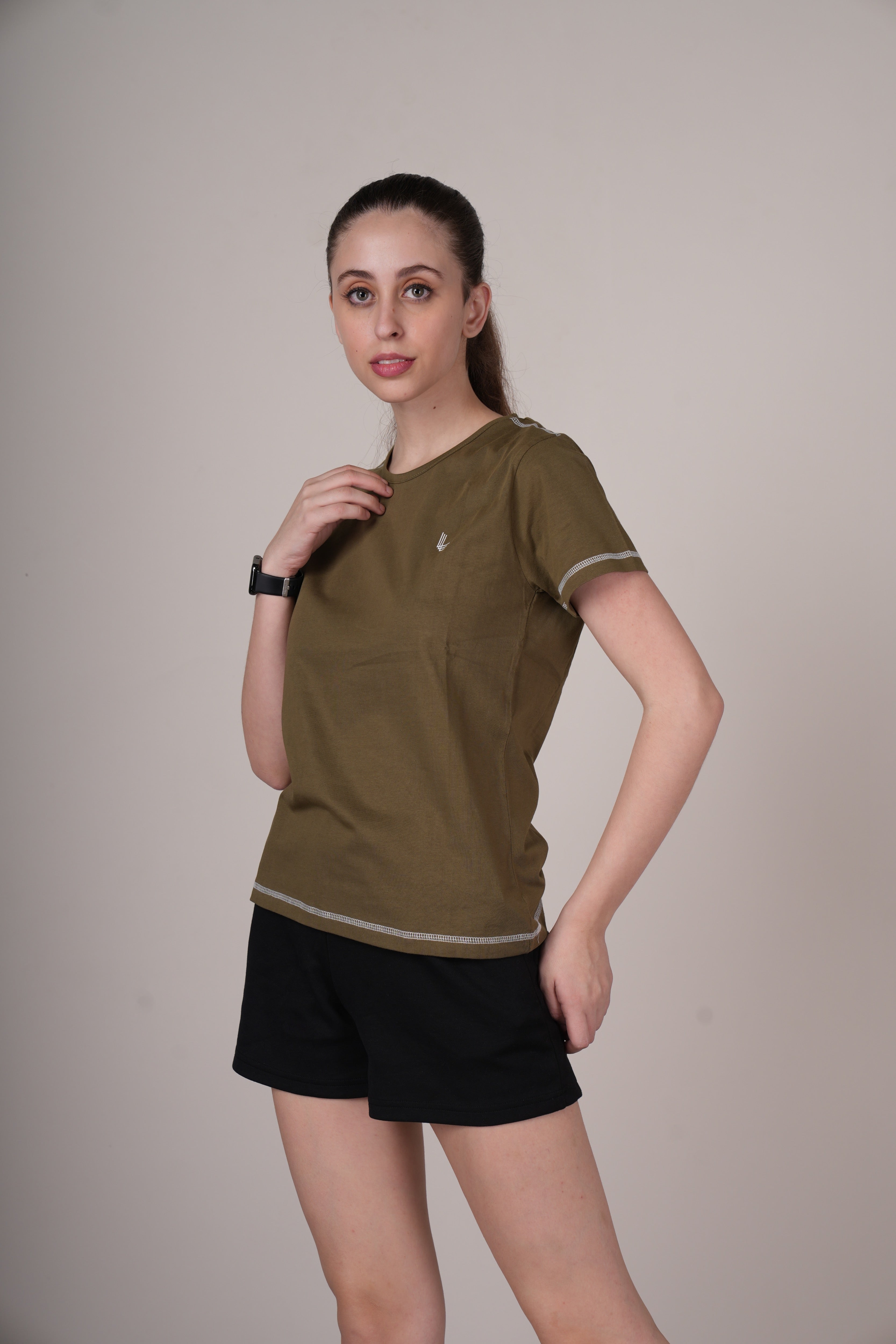 Womens Olive Cotton Regular T-Shirt