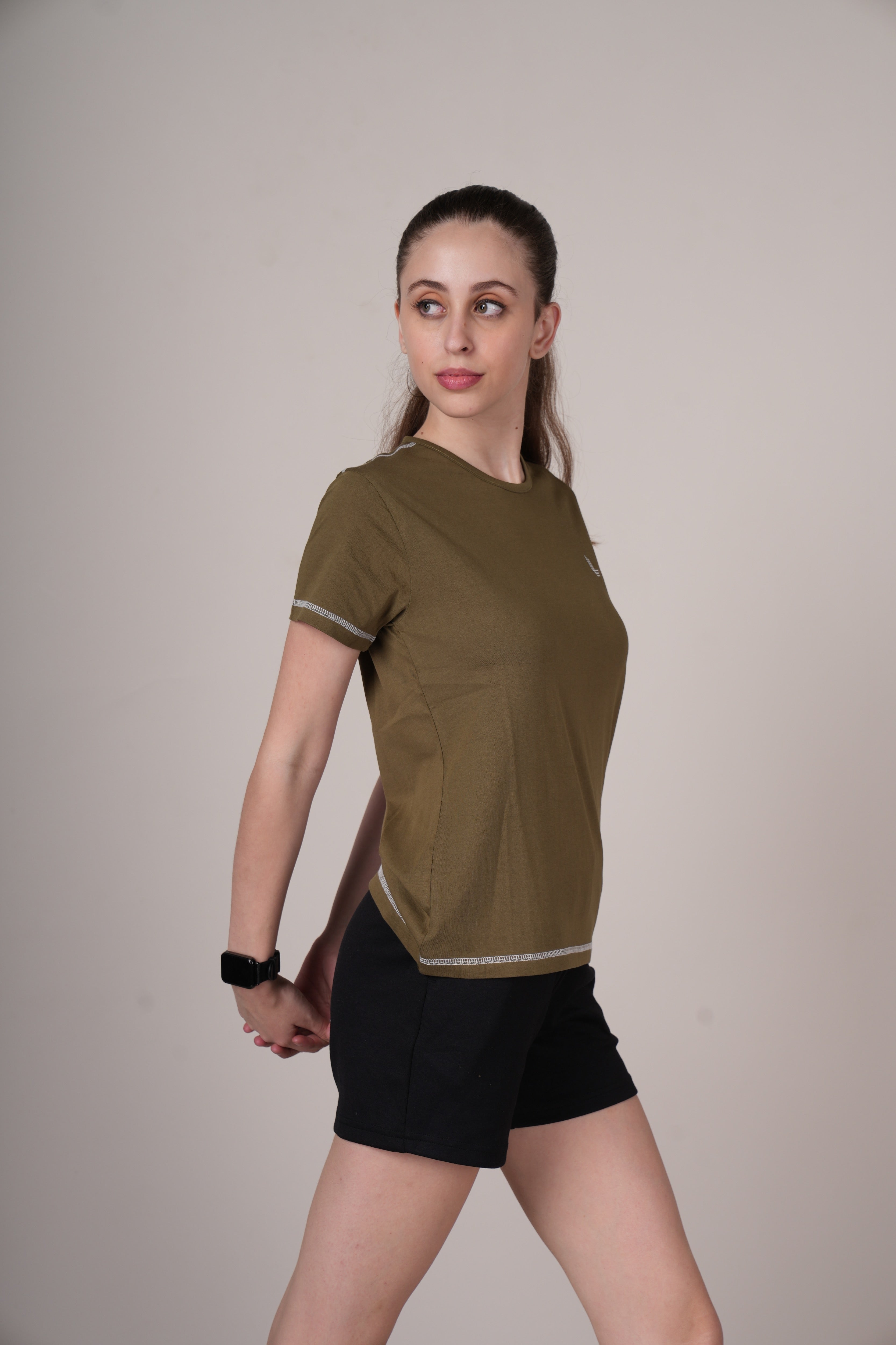 Womens Olive Cotton Regular T-Shirt