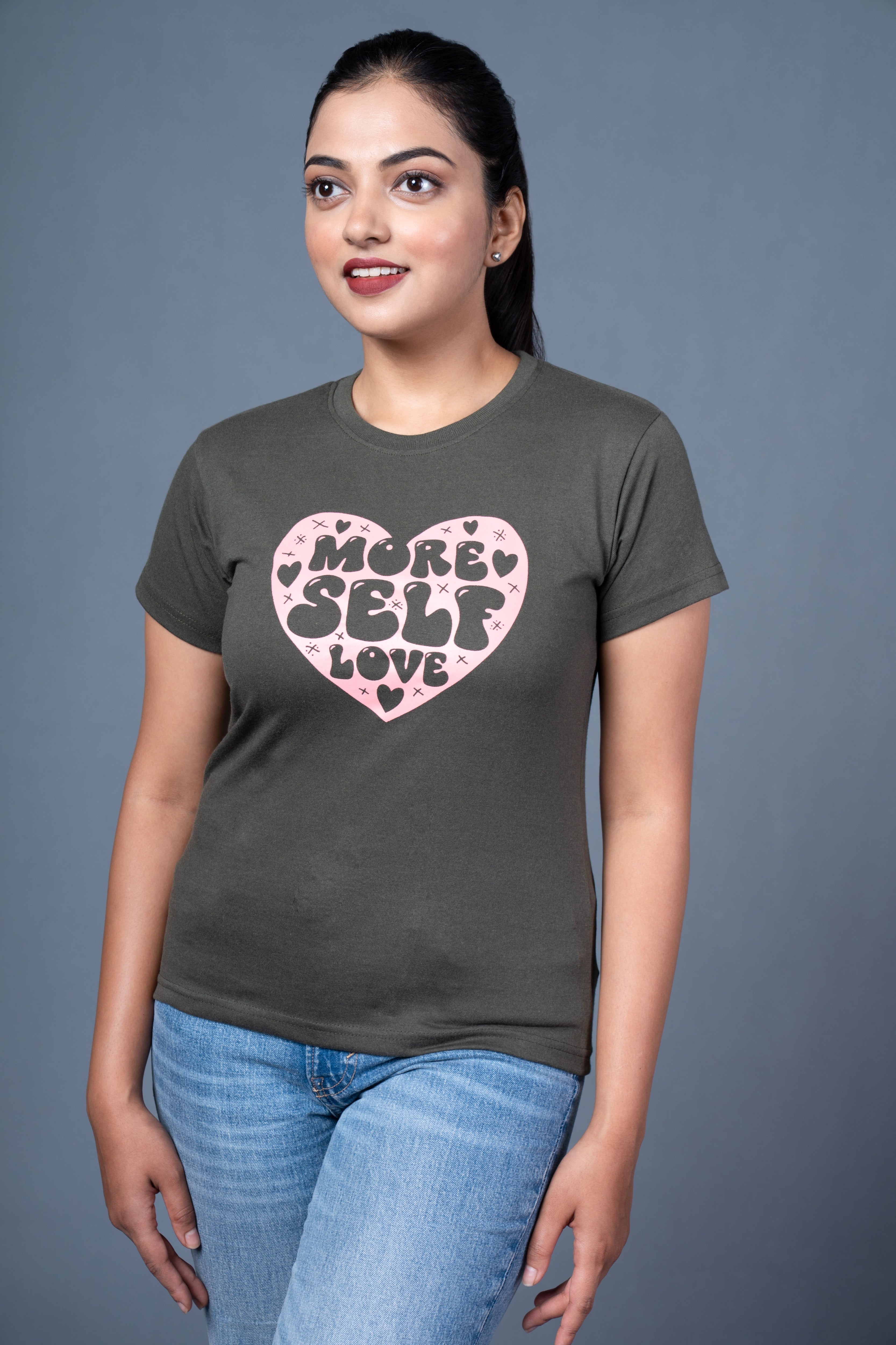Women Olive Printed Cotton Regular T-Shirt
