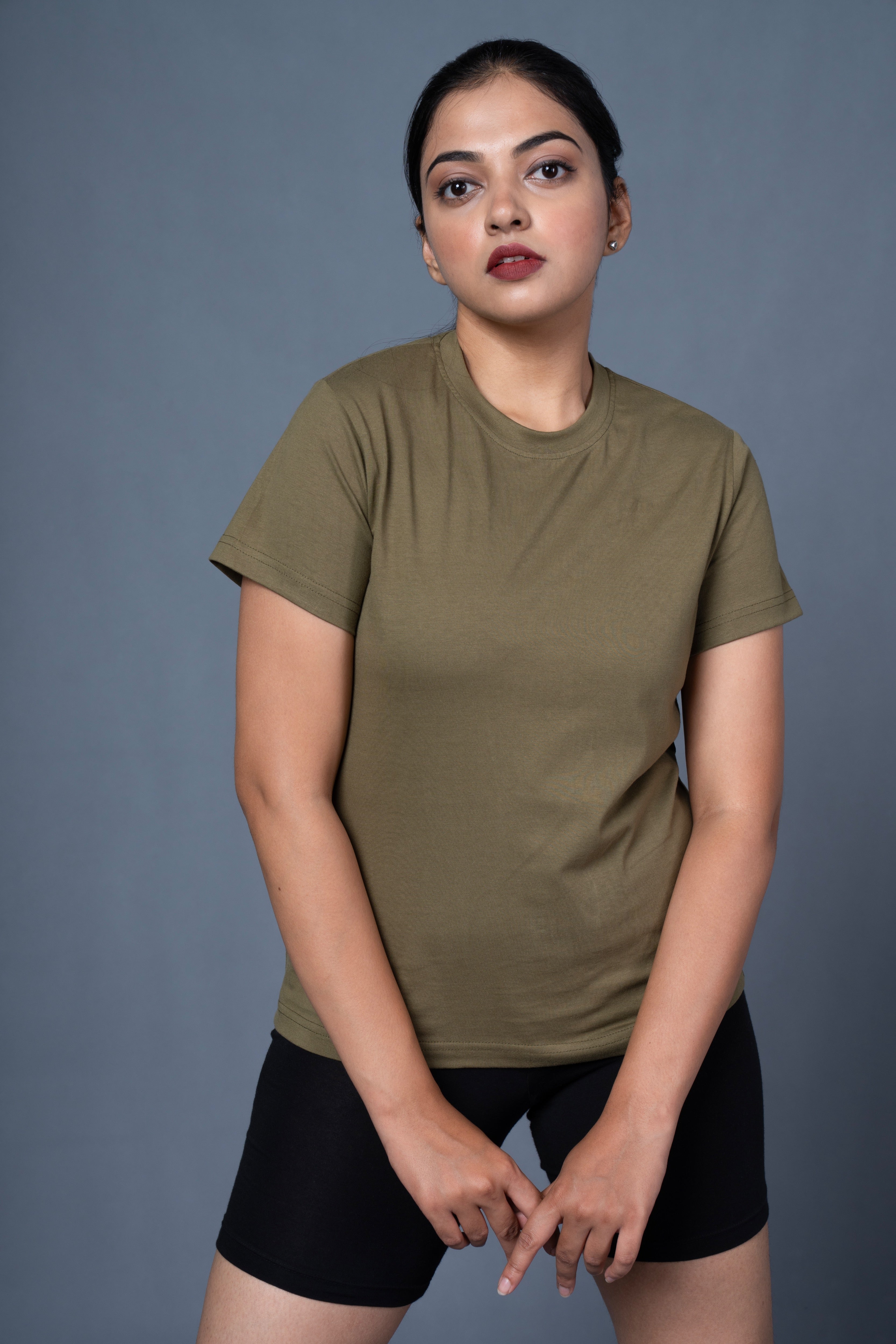 Women Olive Cotton Regular T-Shirt