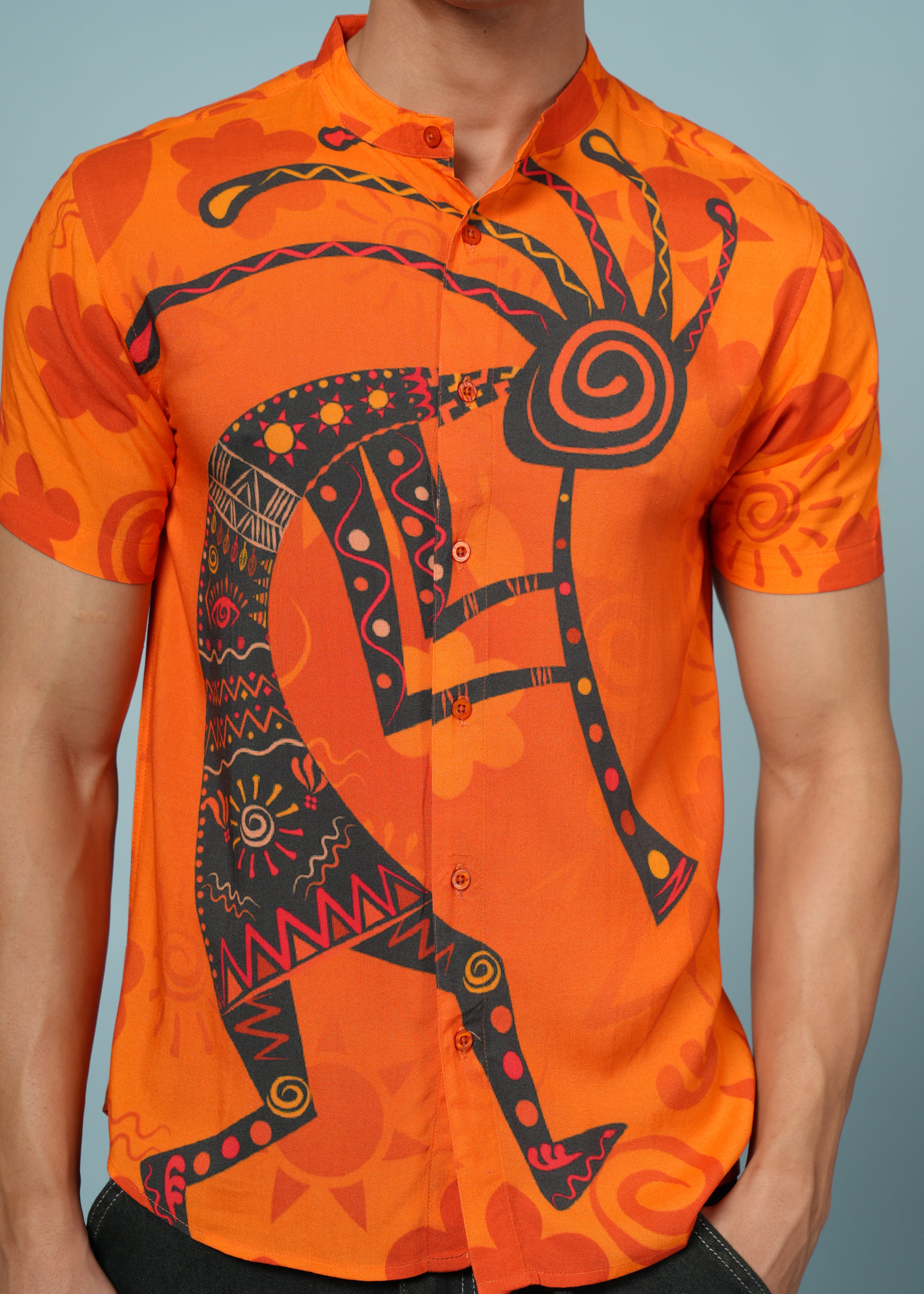 Men Printed Orange Viscose Rayon Shirt