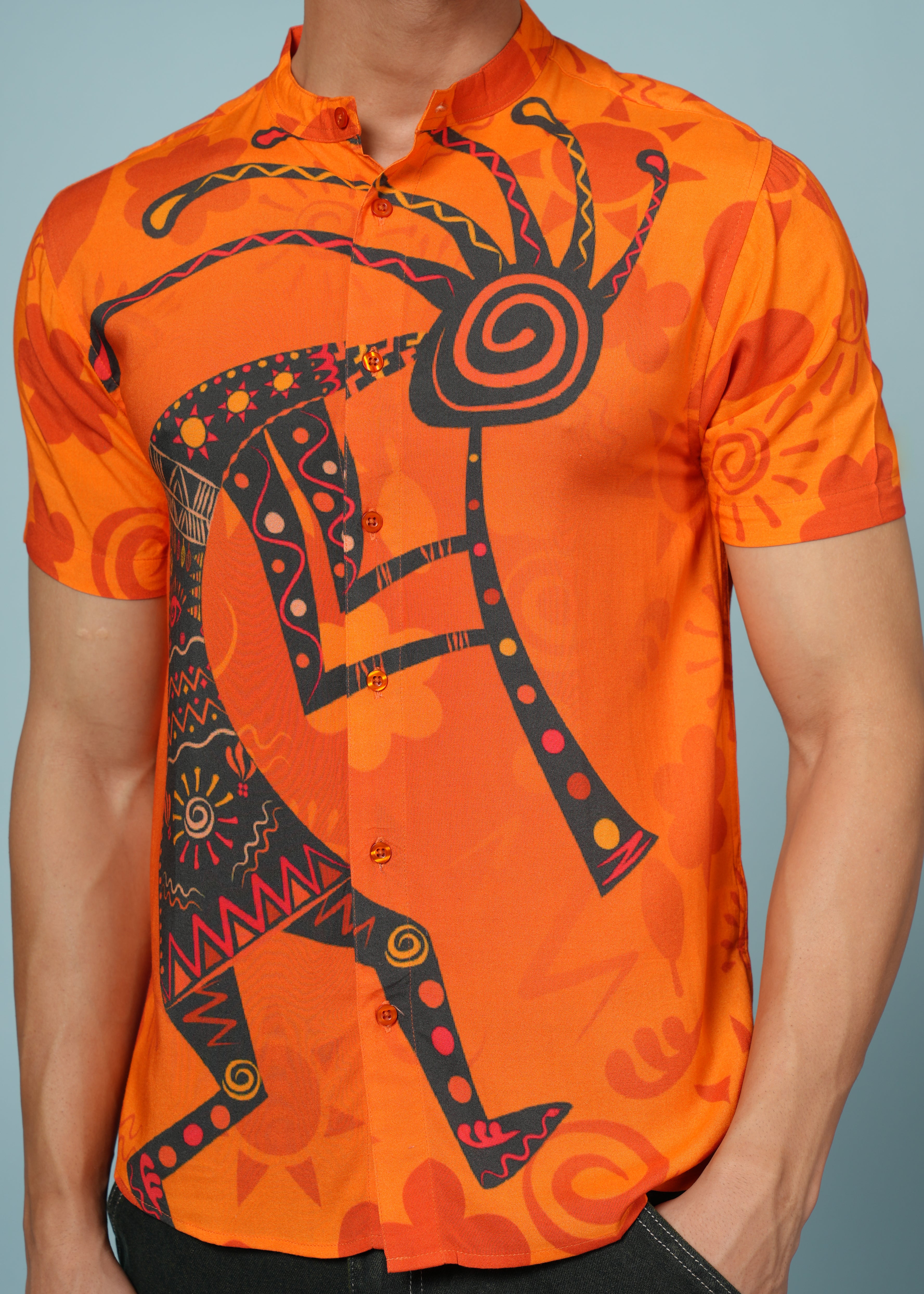 Men Printed Orange Viscose Rayon Shirt