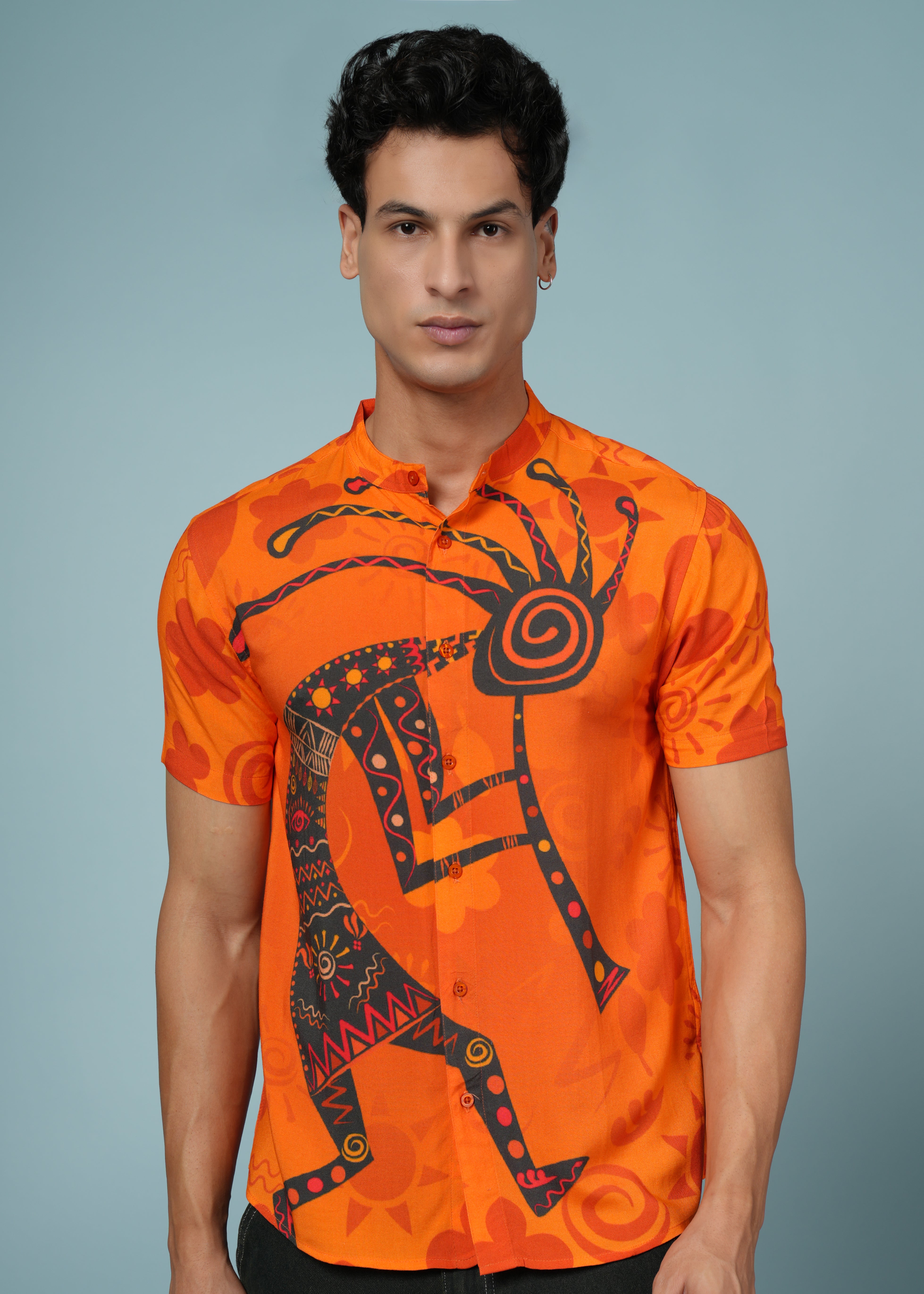 Men Printed Orange Viscose Rayon Shirt