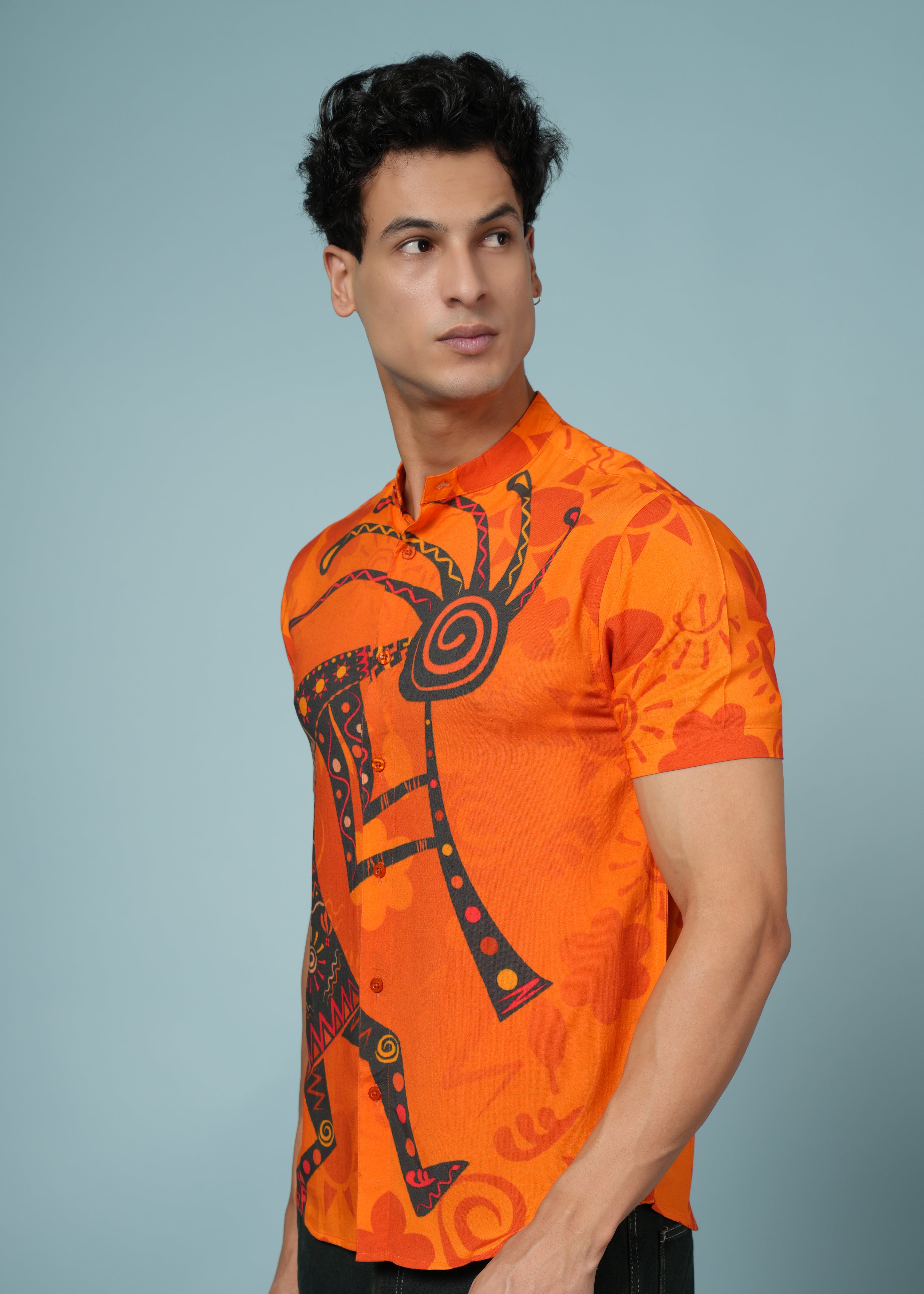 Men Printed Orange Viscose Rayon Shirt