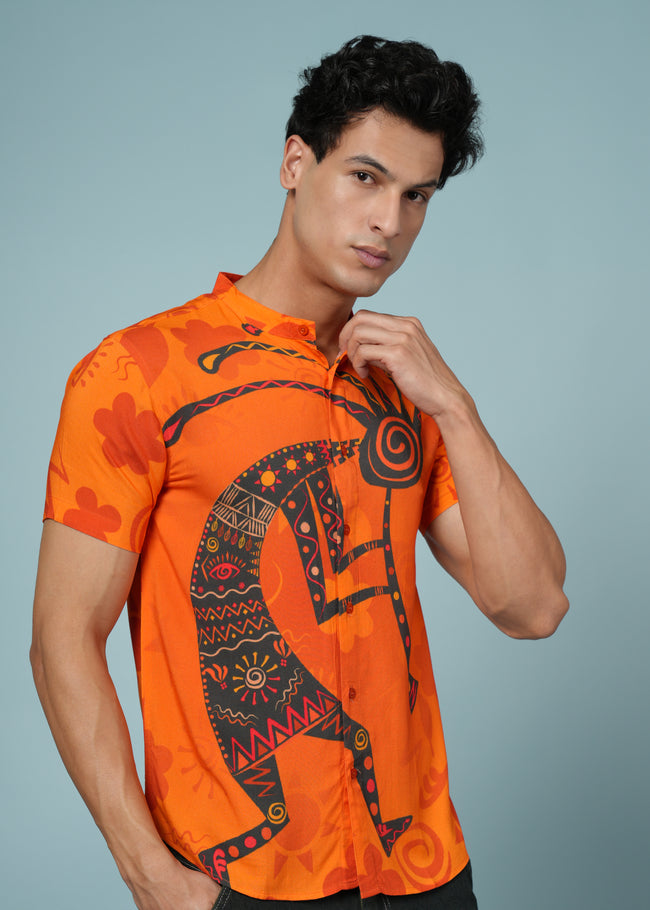 Men Printed Orange Viscose Rayon Shirt