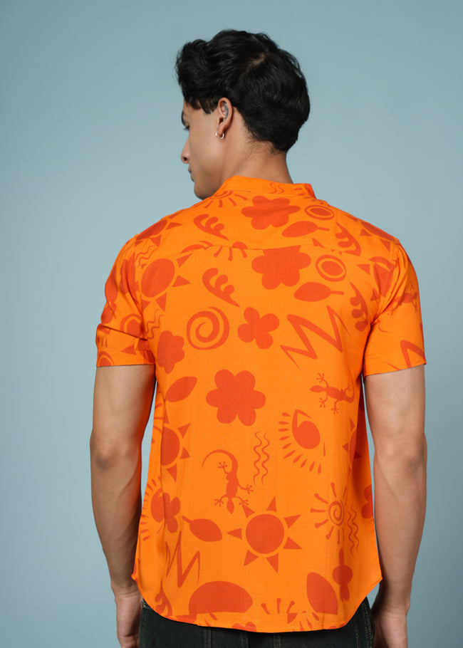 Men Printed Orange Viscose Rayon Shirt