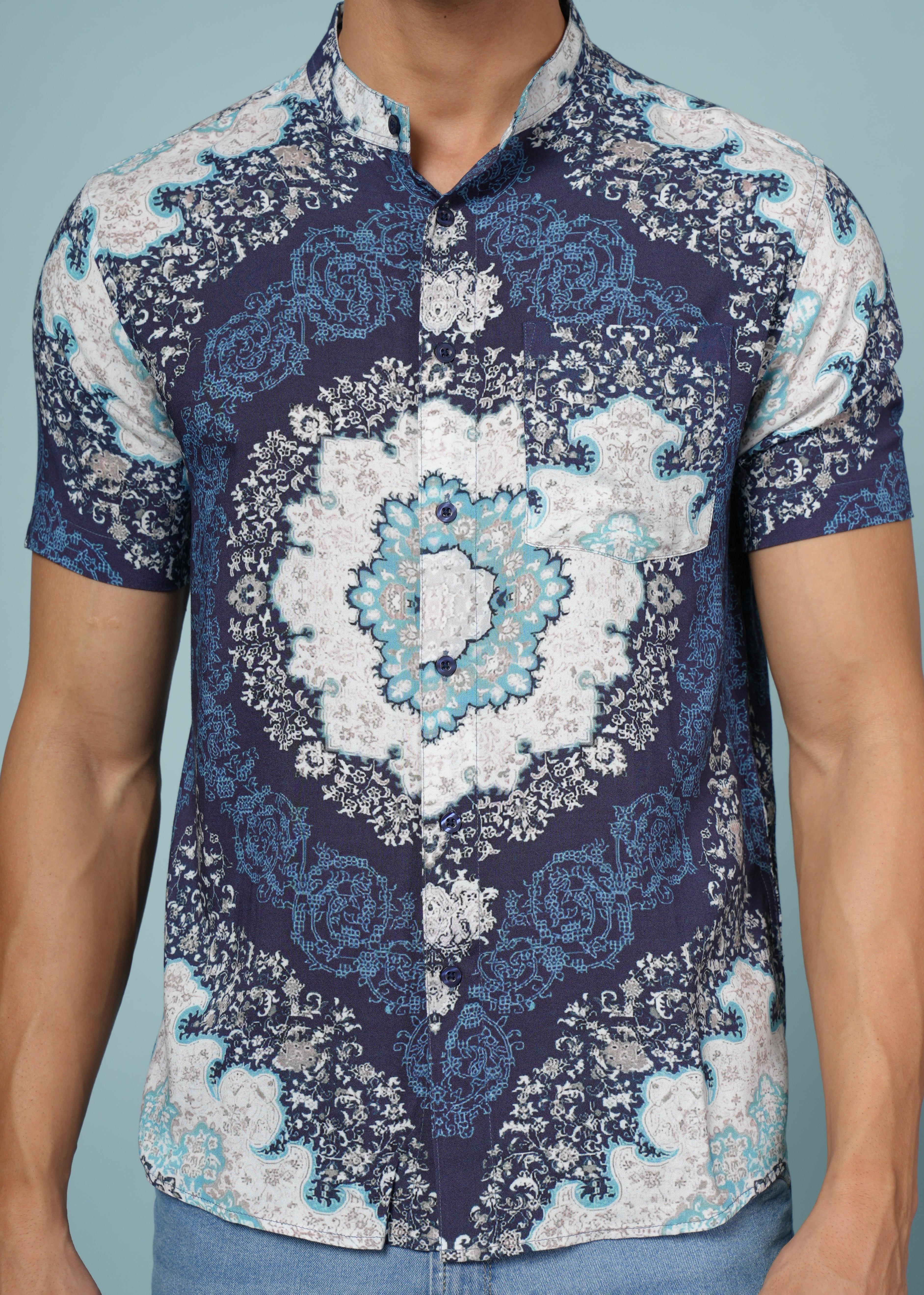 Men Printed Navy Blue Viscose Rayon Shirt