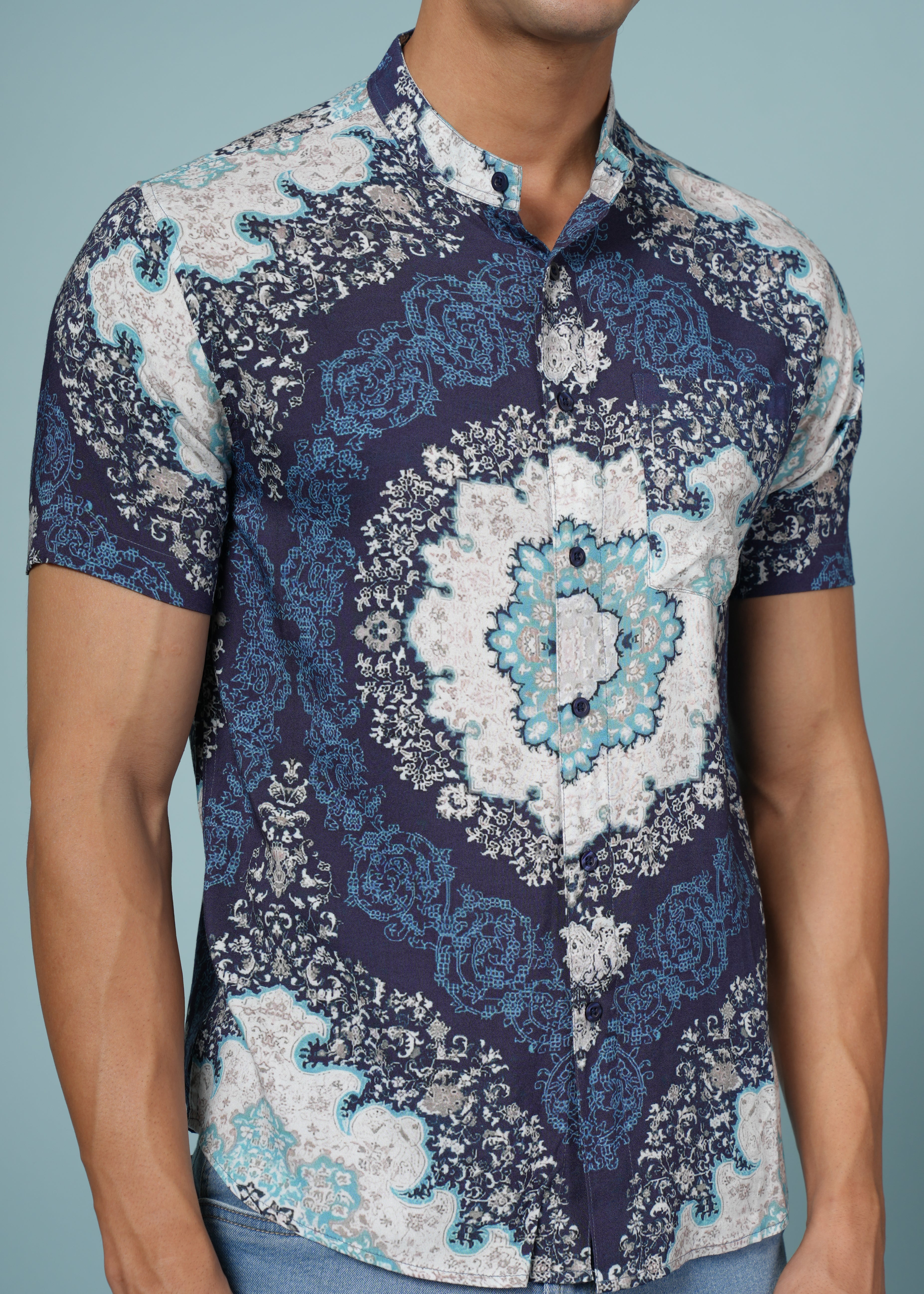 Men Printed Navy Blue Viscose Rayon Shirt
