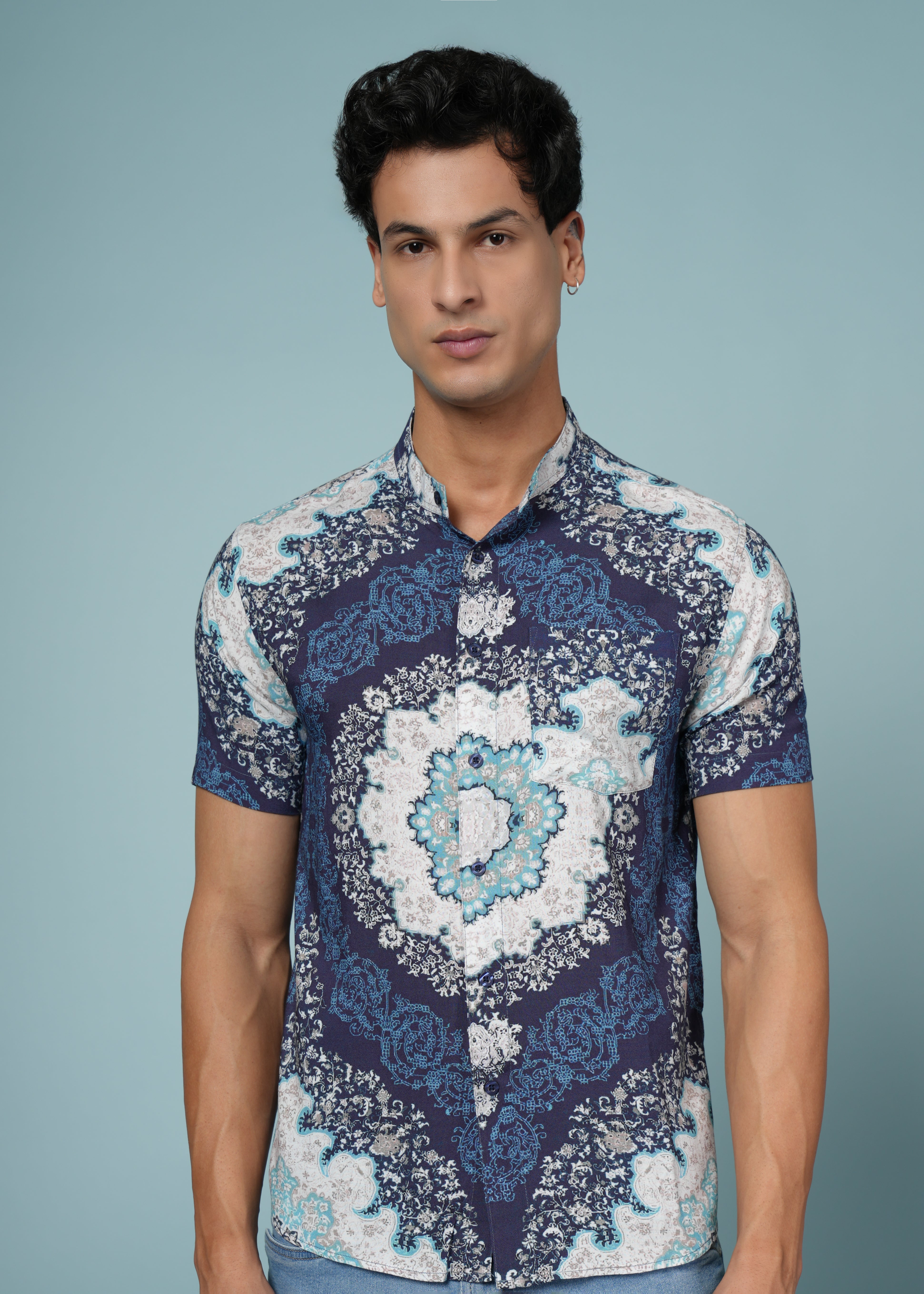 Men Printed Navy Blue Viscose Rayon Shirt