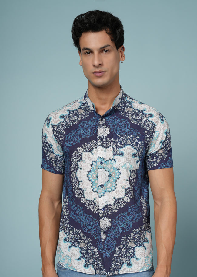 Men Printed Navy Blue Viscose Rayon Shirt