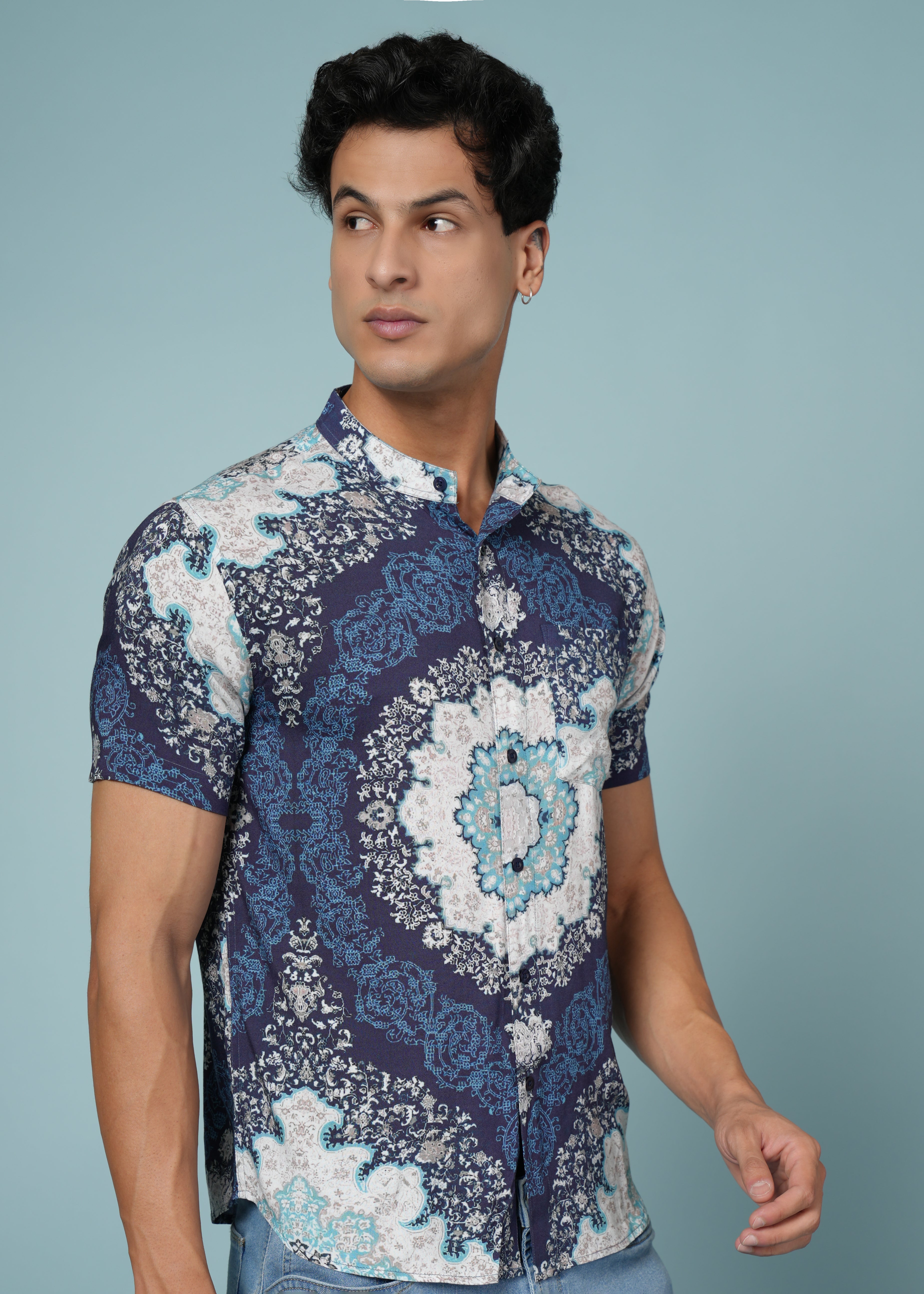 Men Printed Navy Blue Viscose Rayon Shirt