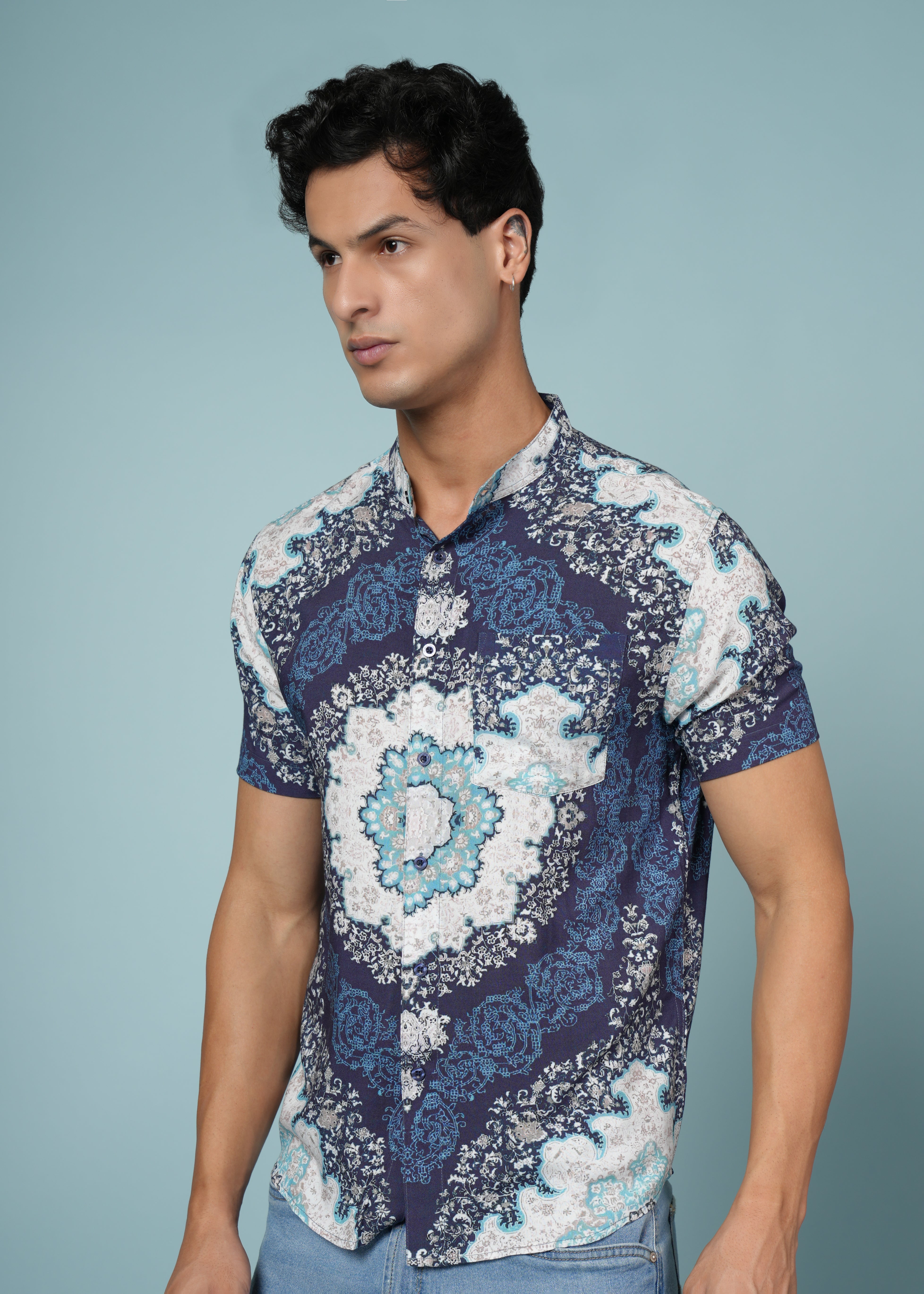 Men Printed Navy Blue Viscose Rayon Shirt