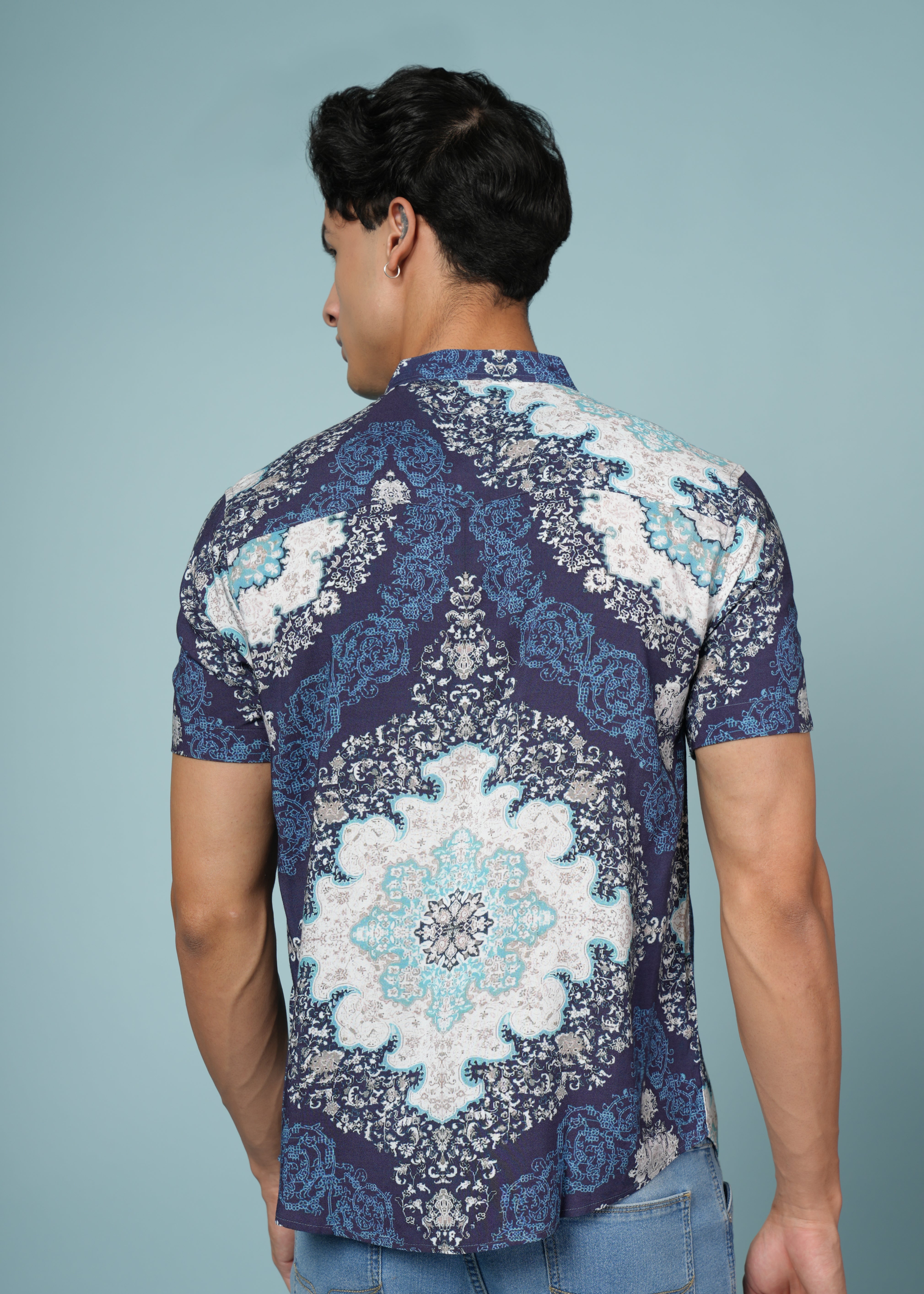 Men Printed Navy Blue Viscose Rayon Shirt