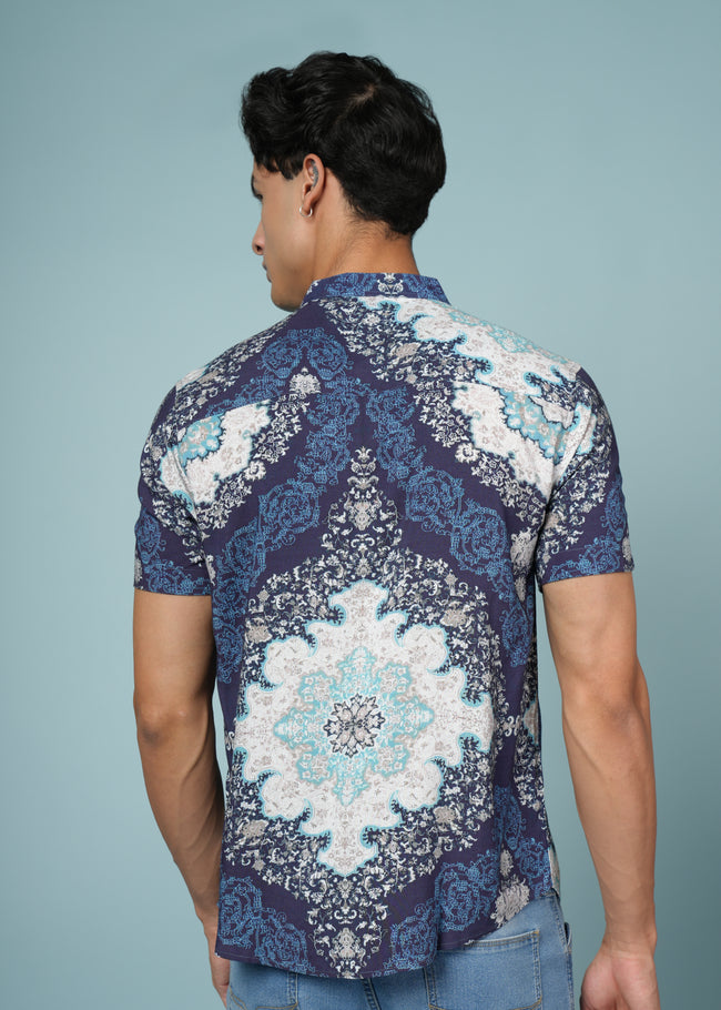 Men Printed Navy Blue Viscose Rayon Shirt